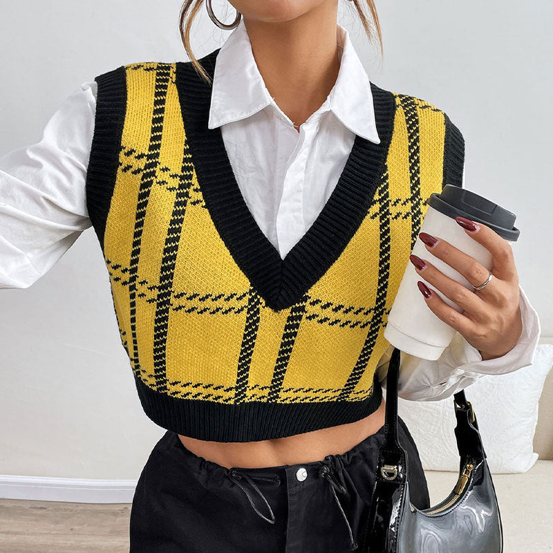 Plaid V Neck Knit Sweater Vest Women Casual Layering Top