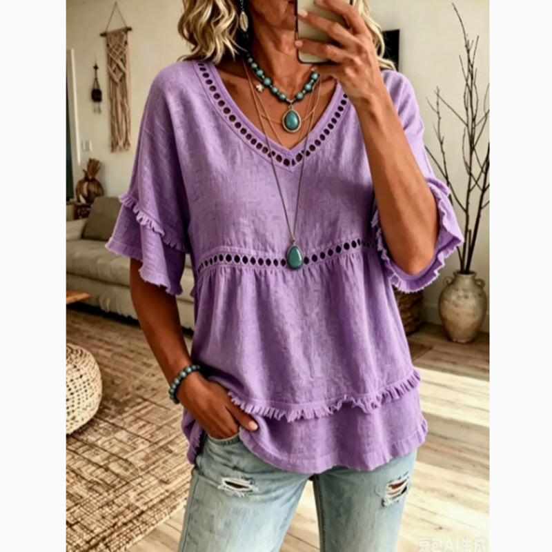 Eyelet Trim Linen V Neck Ruffle Sleeve Blouse