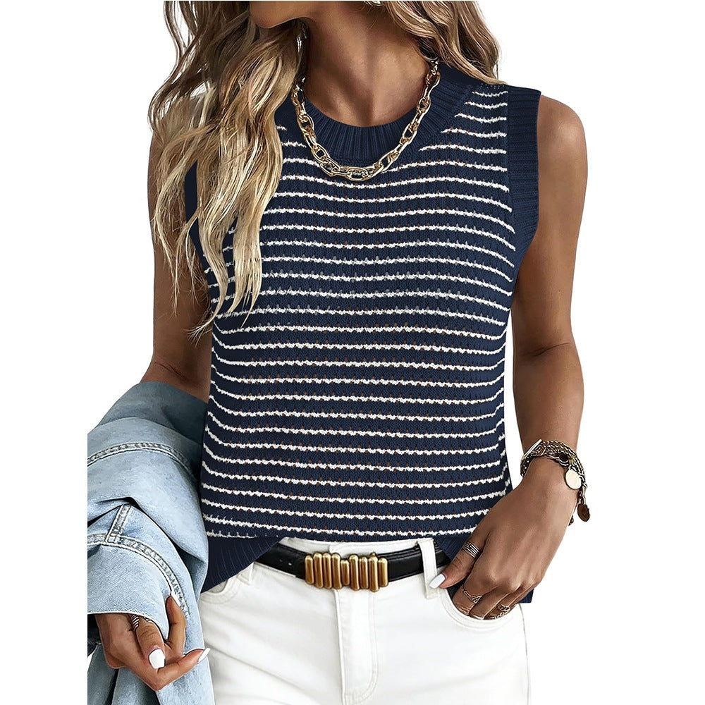 Striped Knit Top Casual Crew Neck Sleeveless