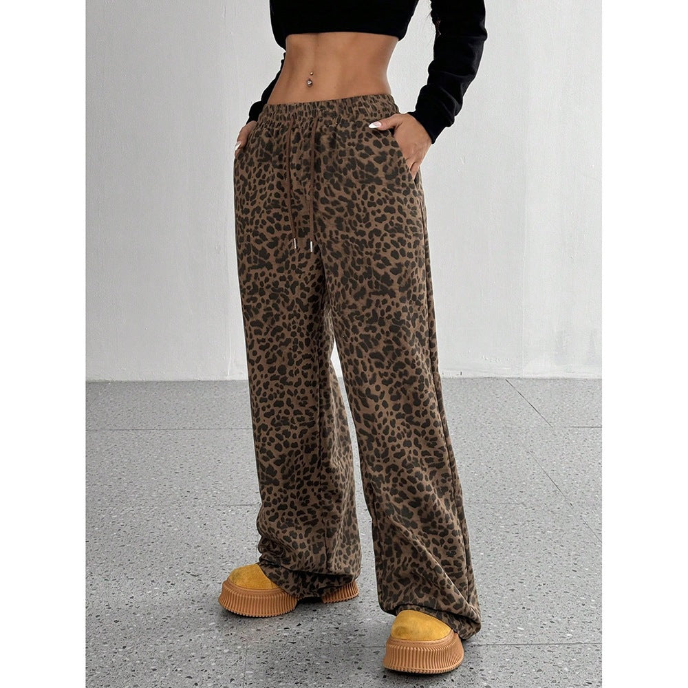 Leopard Print Wide Leg Pants Y2K Casual Streetwear
