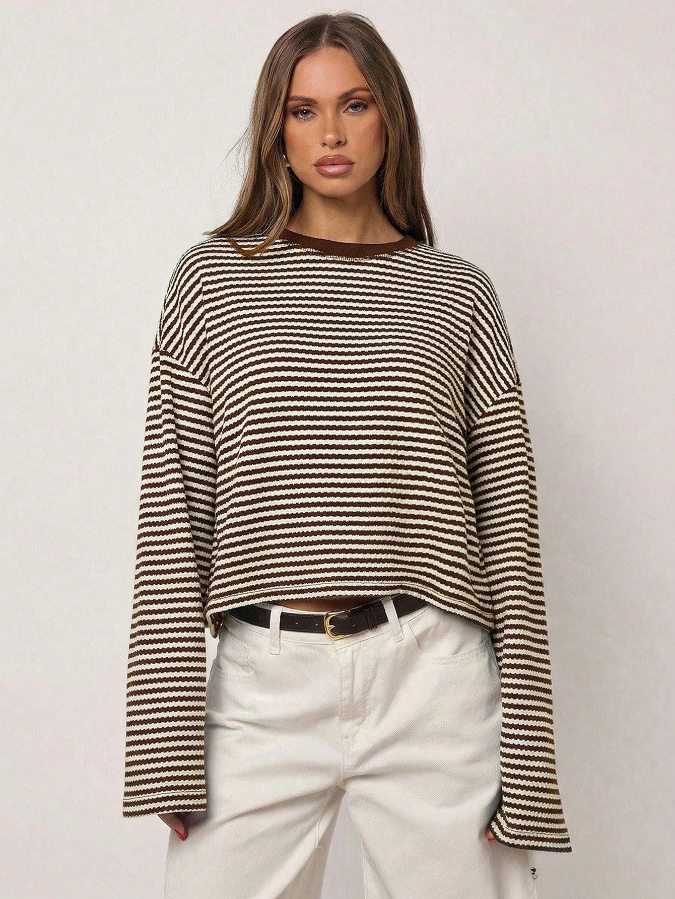 Striped Knit Sweater Long Sleeve Oversized Casual Top