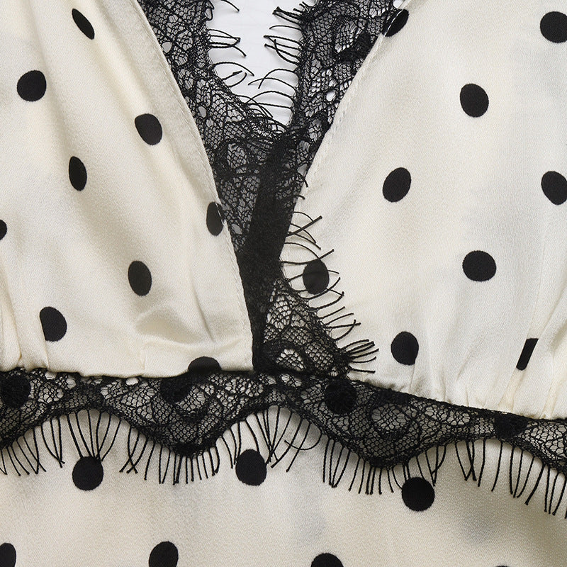 Polka Dot Woven Dress Vintage Lace Trim Maxi