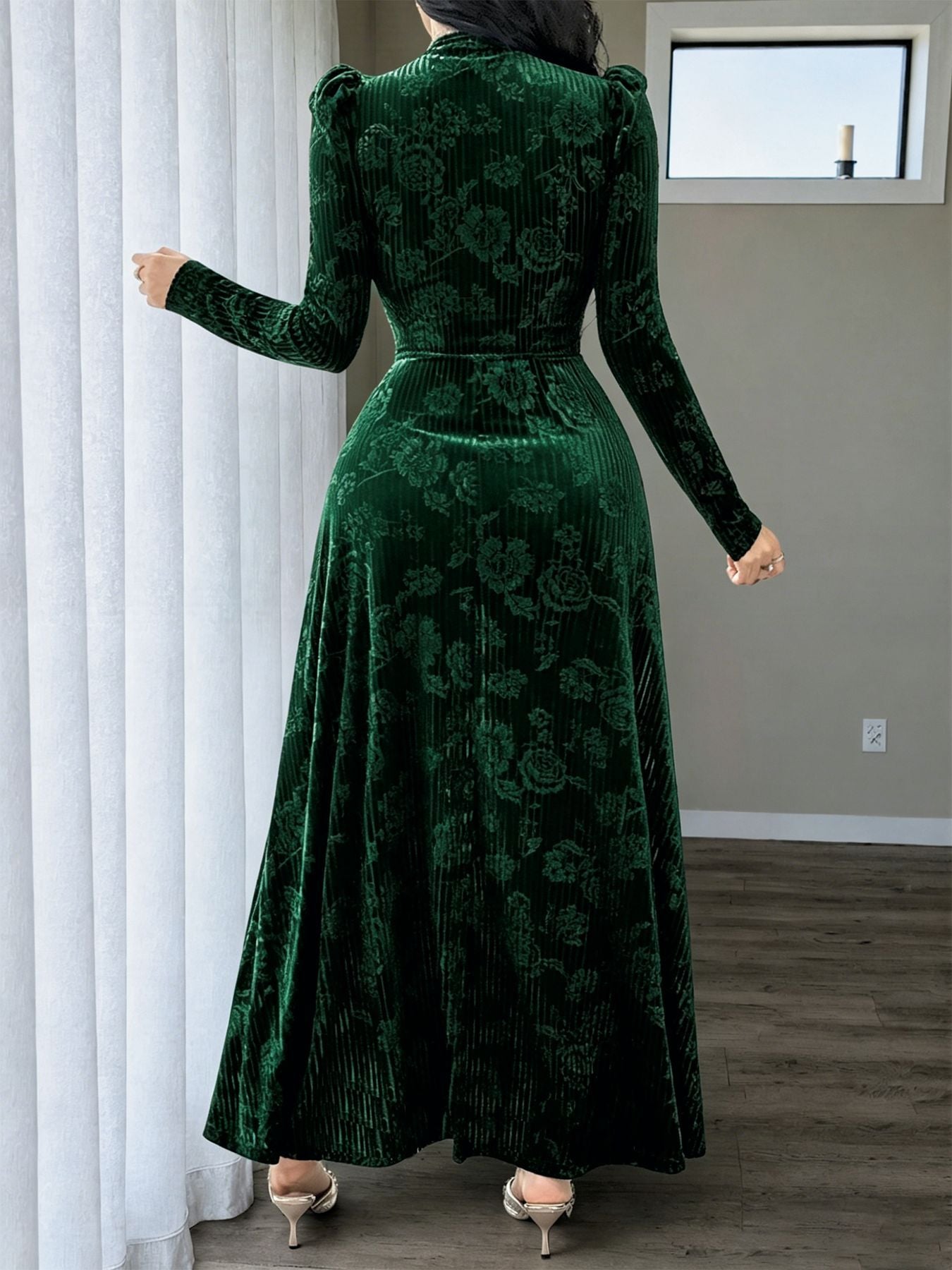 Plus Size Floral Velvet V Neck Maxi Dress
