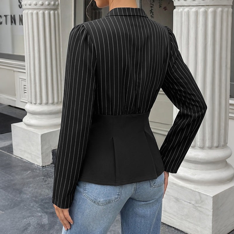 Striped Satin Blouse V Neck Peplum Top Elegant Button Front