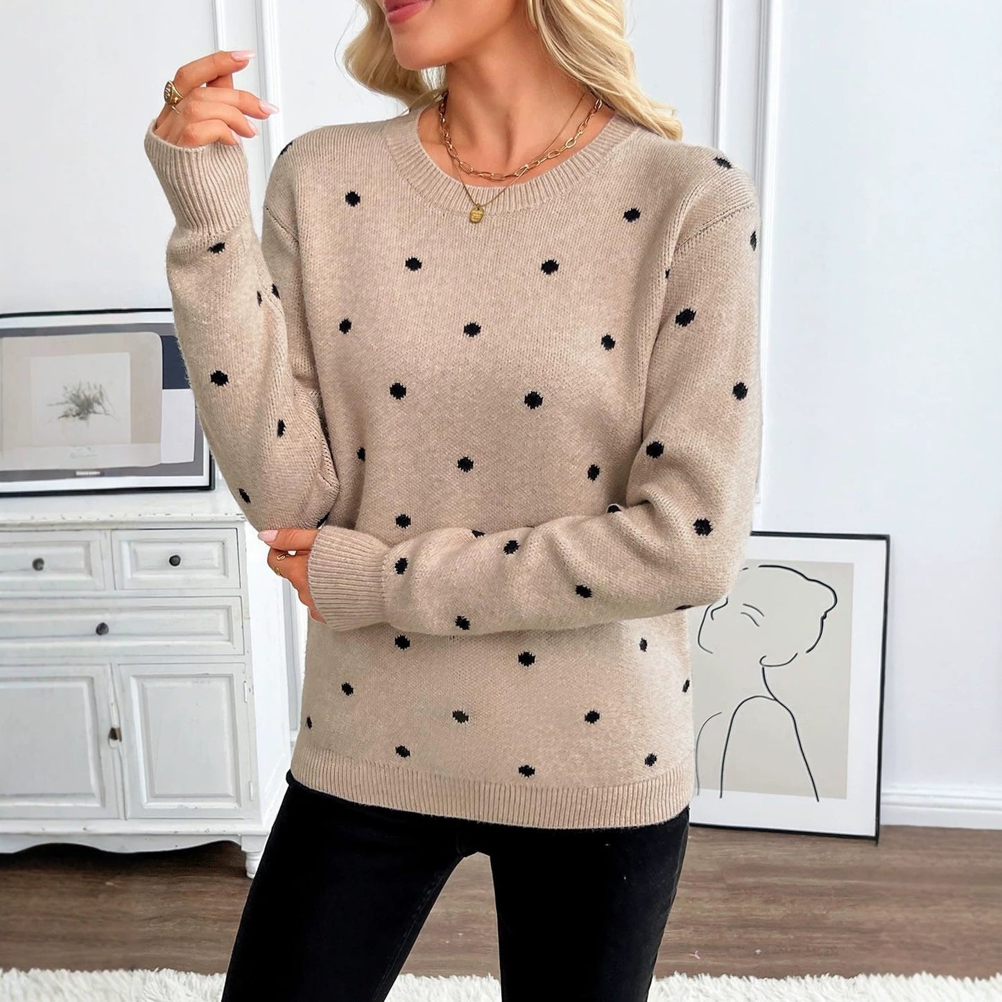 Polka Dot Knit Sweater Crew Neck Long Sleeve Top