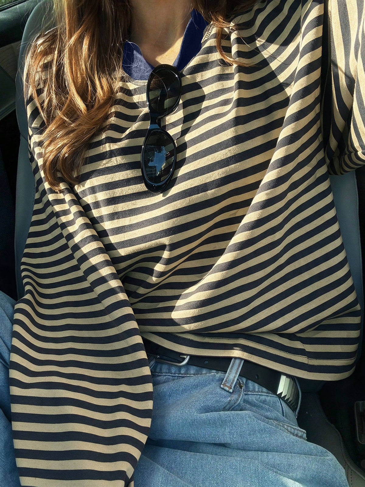 Women's Oversized Striped Long Sleeve Pocket T-Shirt