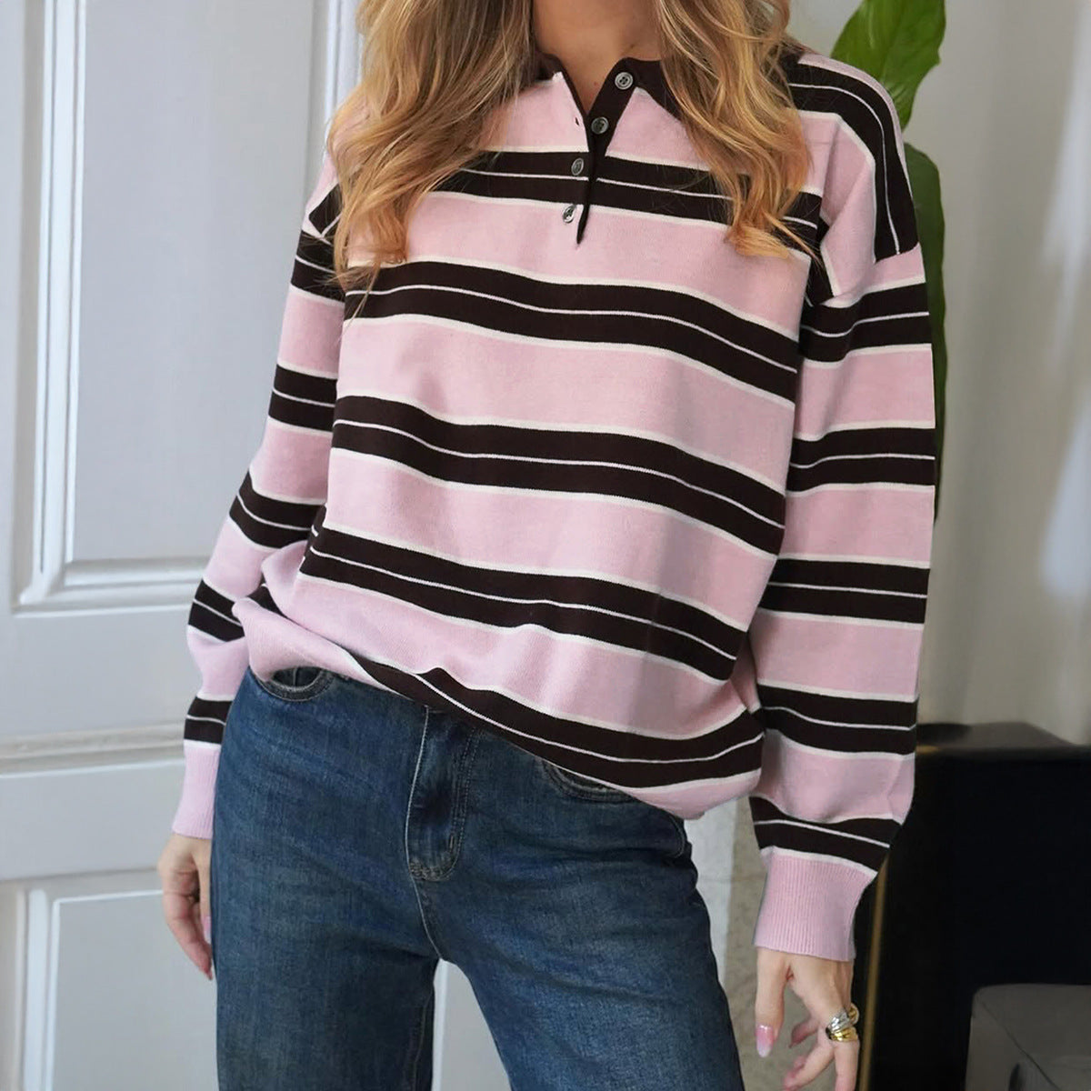 Women's Pink Striped Polo Sweater Long Sleeve Knit Top