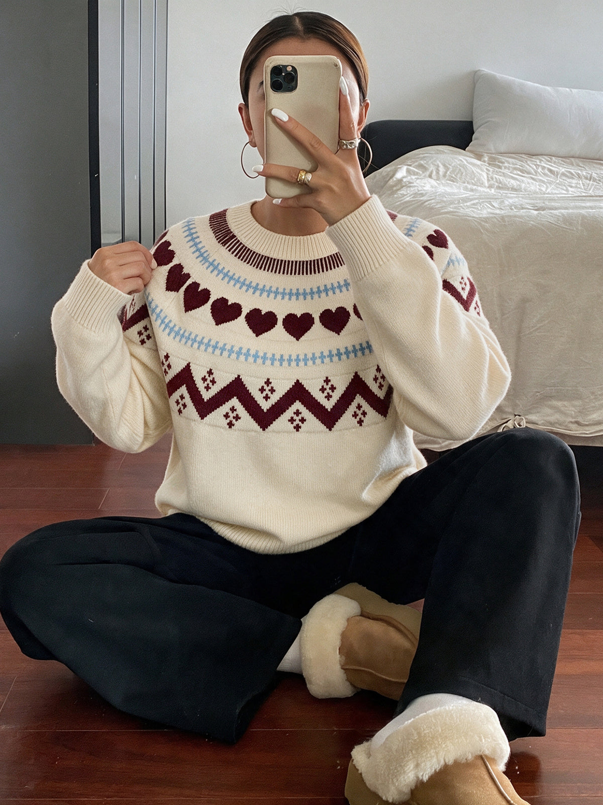 Women's Fair Isle Heart Crew Neck Knit Sweater