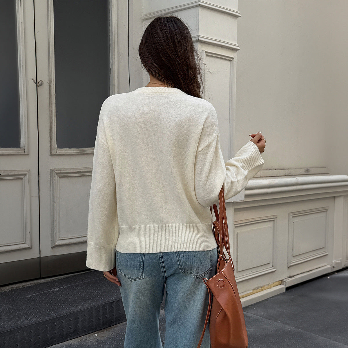 Women's Oversized Cropped Crew Neck Knit Sweater