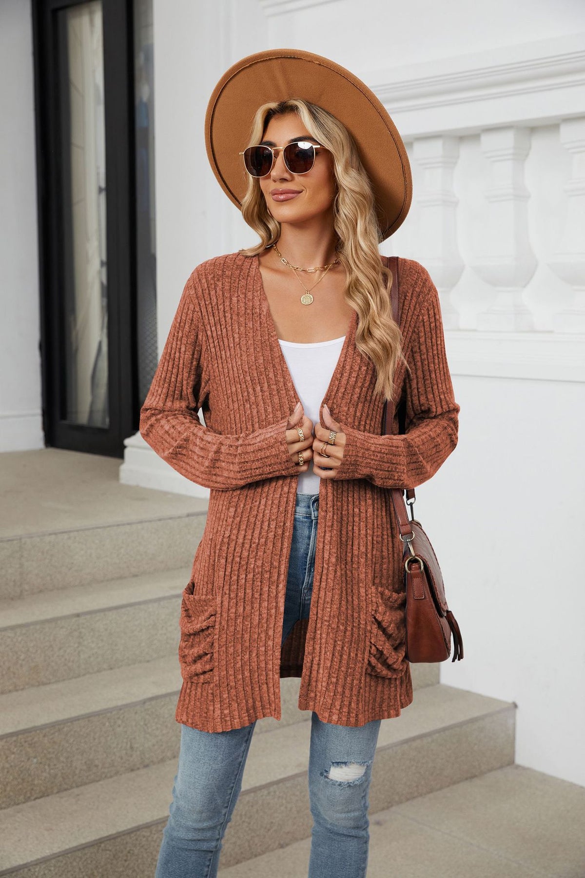 Women's Long Ribbed Open Front Cardigan with Pockets