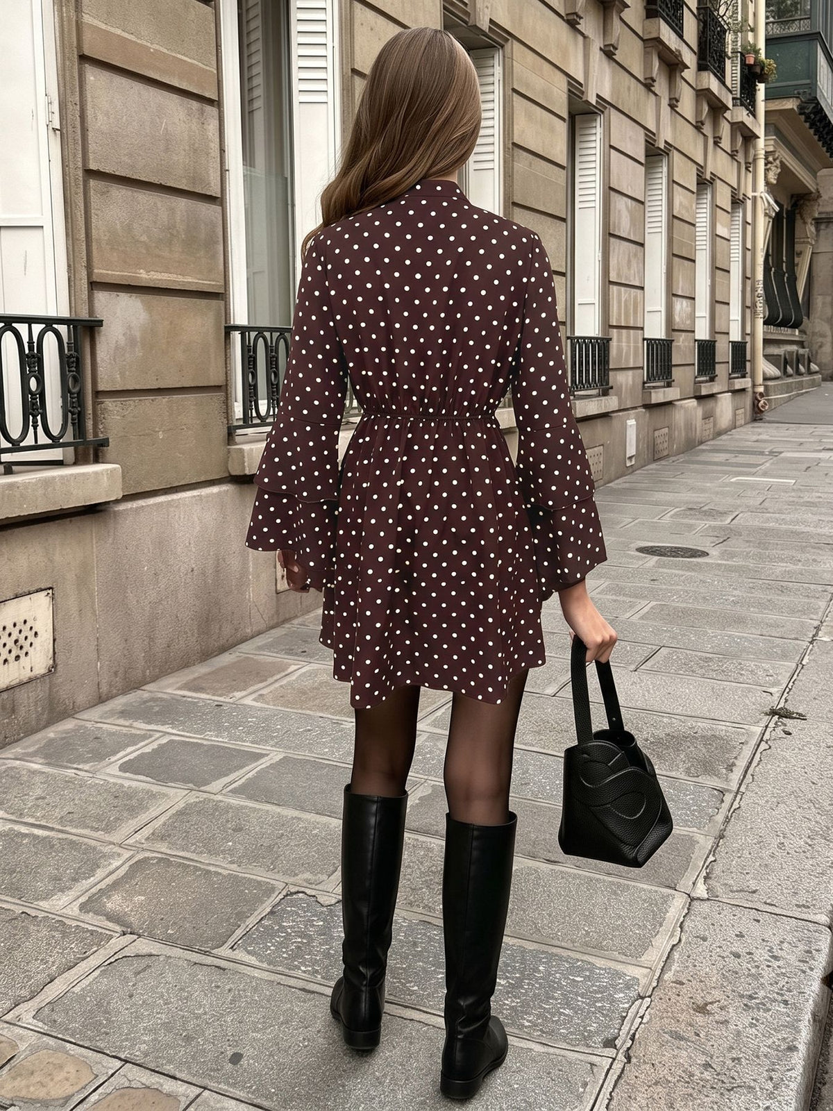 Women's Brown Polka Dot V-Neck Bell Sleeve A-Line Mini Dress