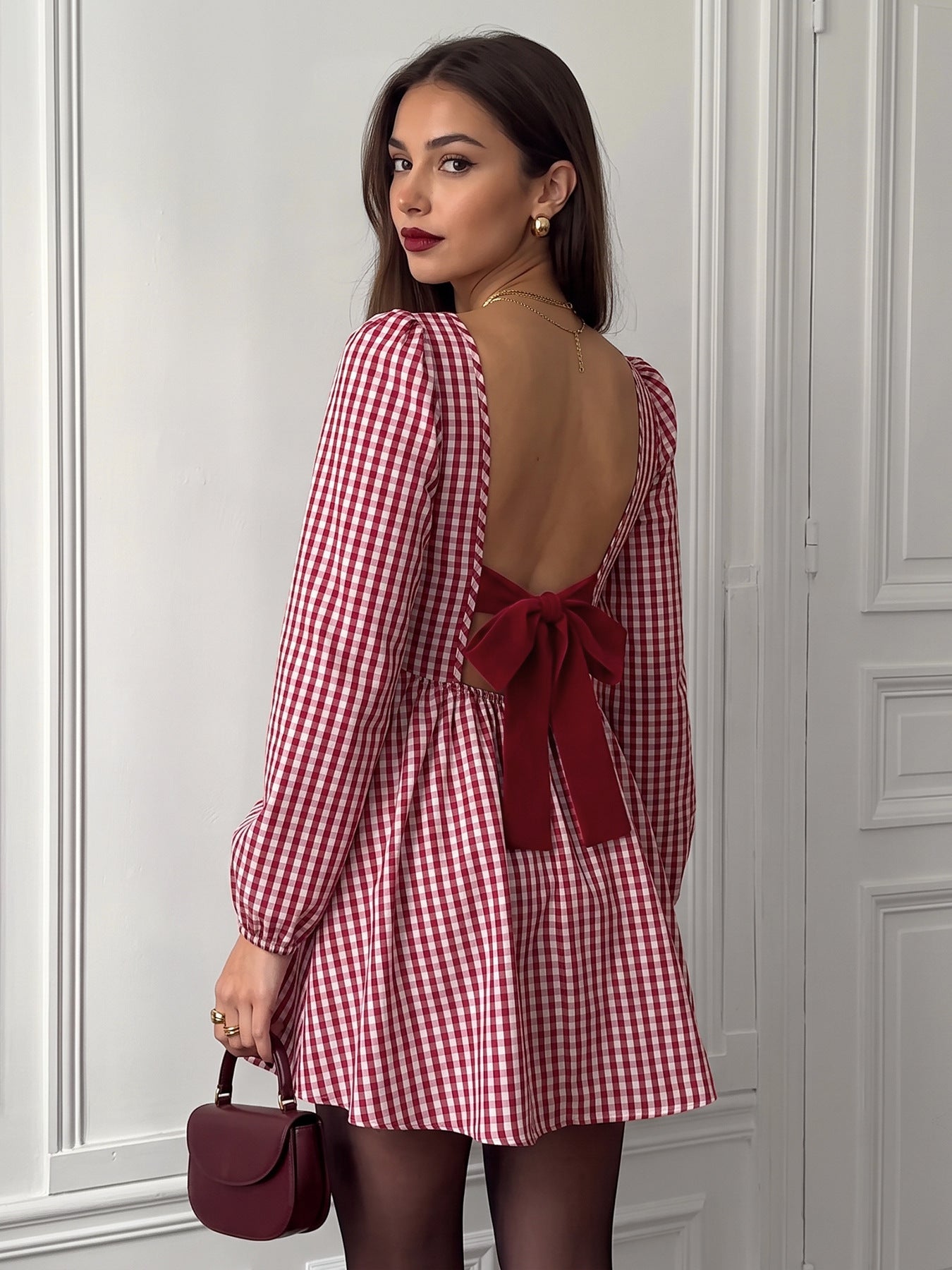 Gingham Bow Mini Dress Long Sleeve Sweet French Style