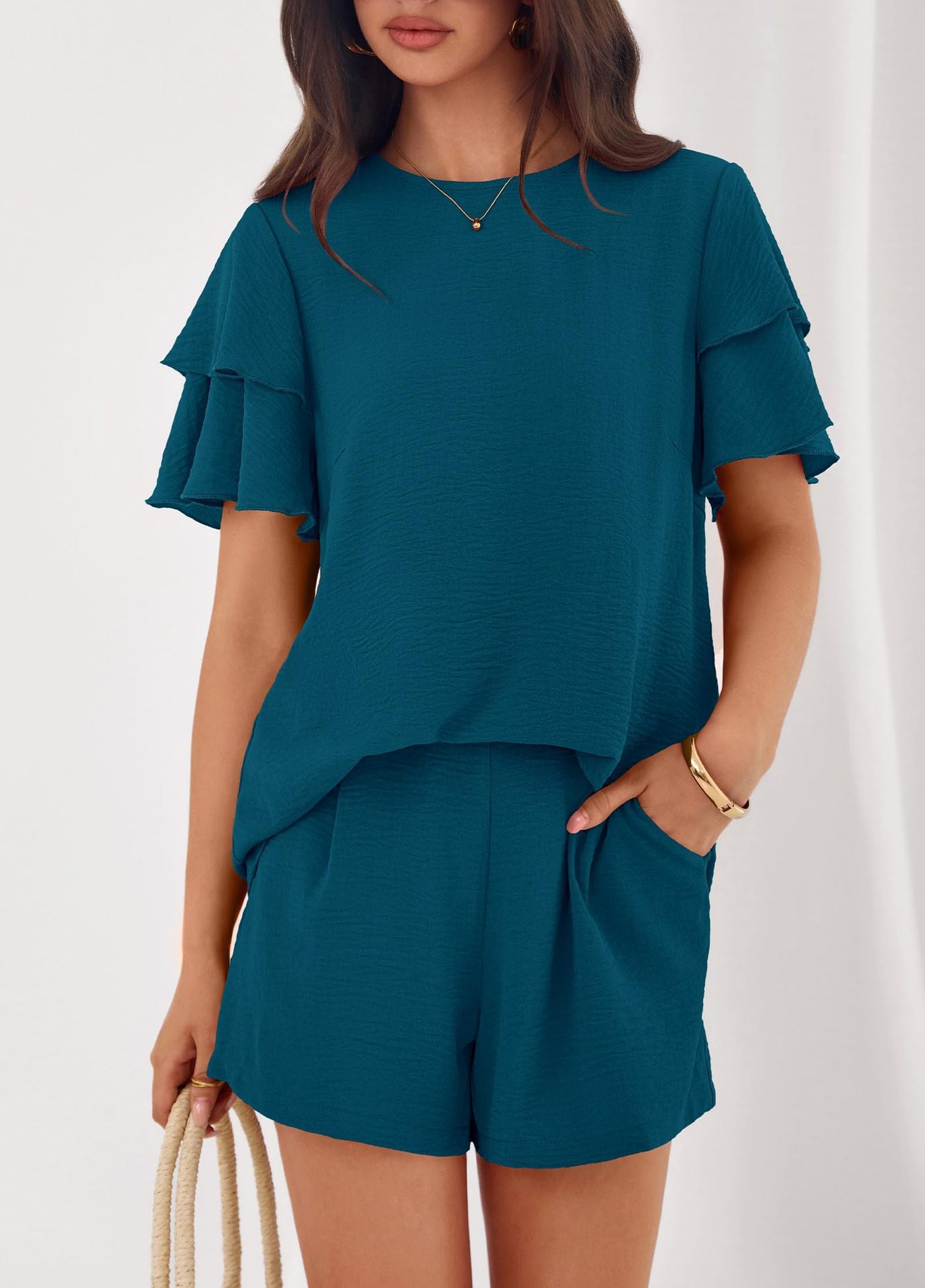 Casual Solid Ruffle Sleeve Short Set Lounge Outfit