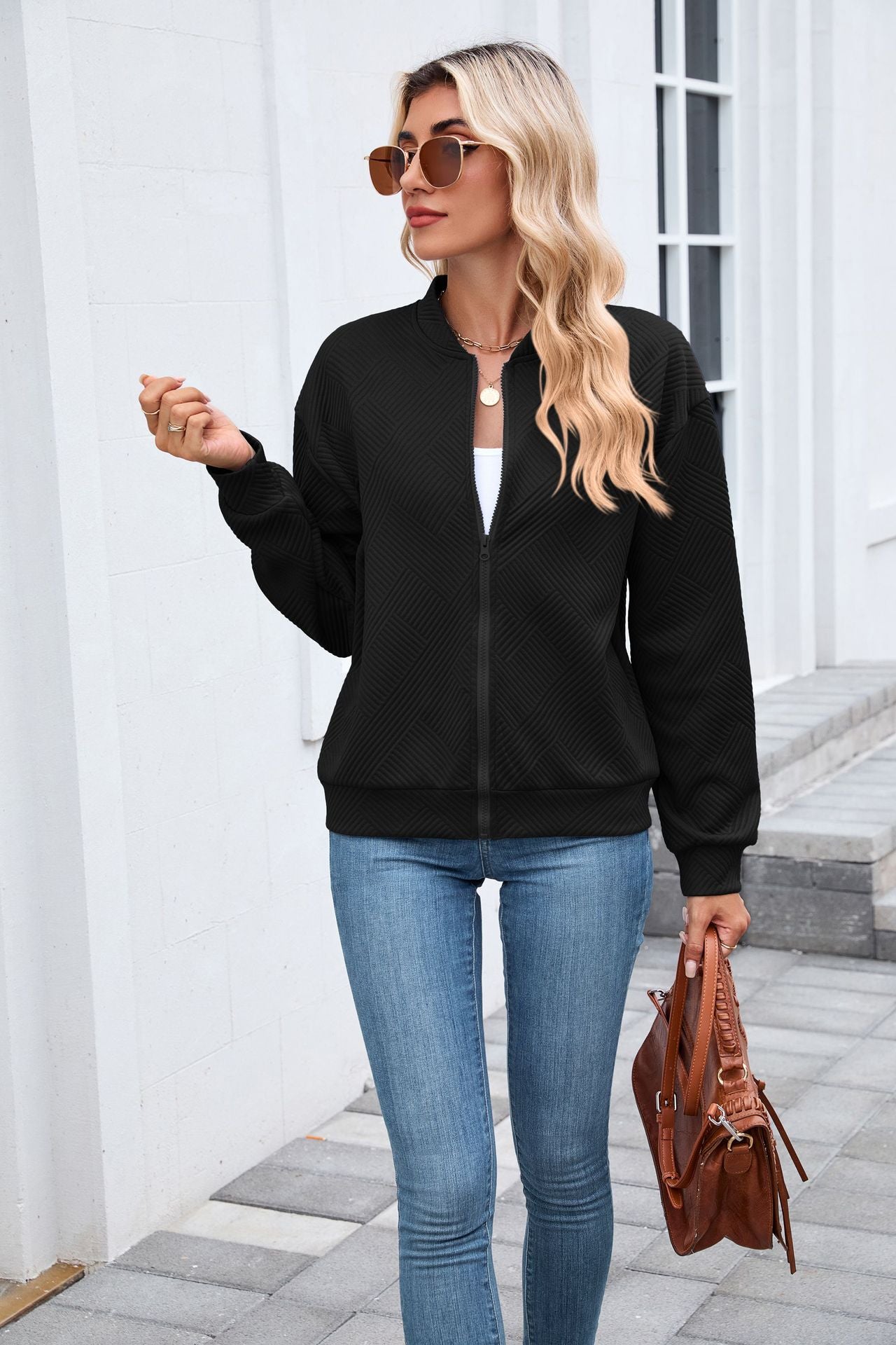 Quilted Zip-Up Bomber Jacket | Casual Long Sleeve Sweatshirt