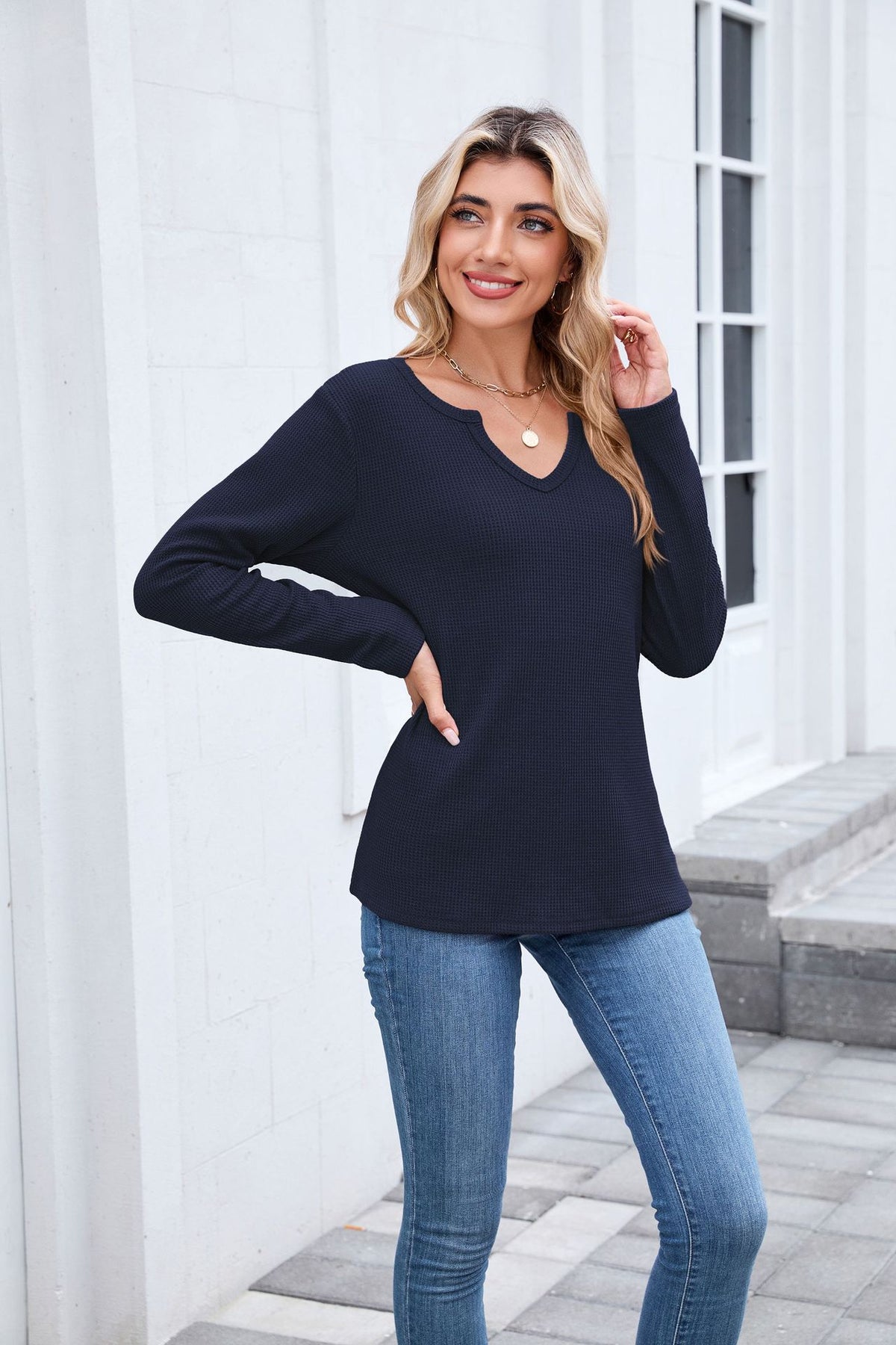Women's Waffle Knit V Neck Long Sleeve Loose Top