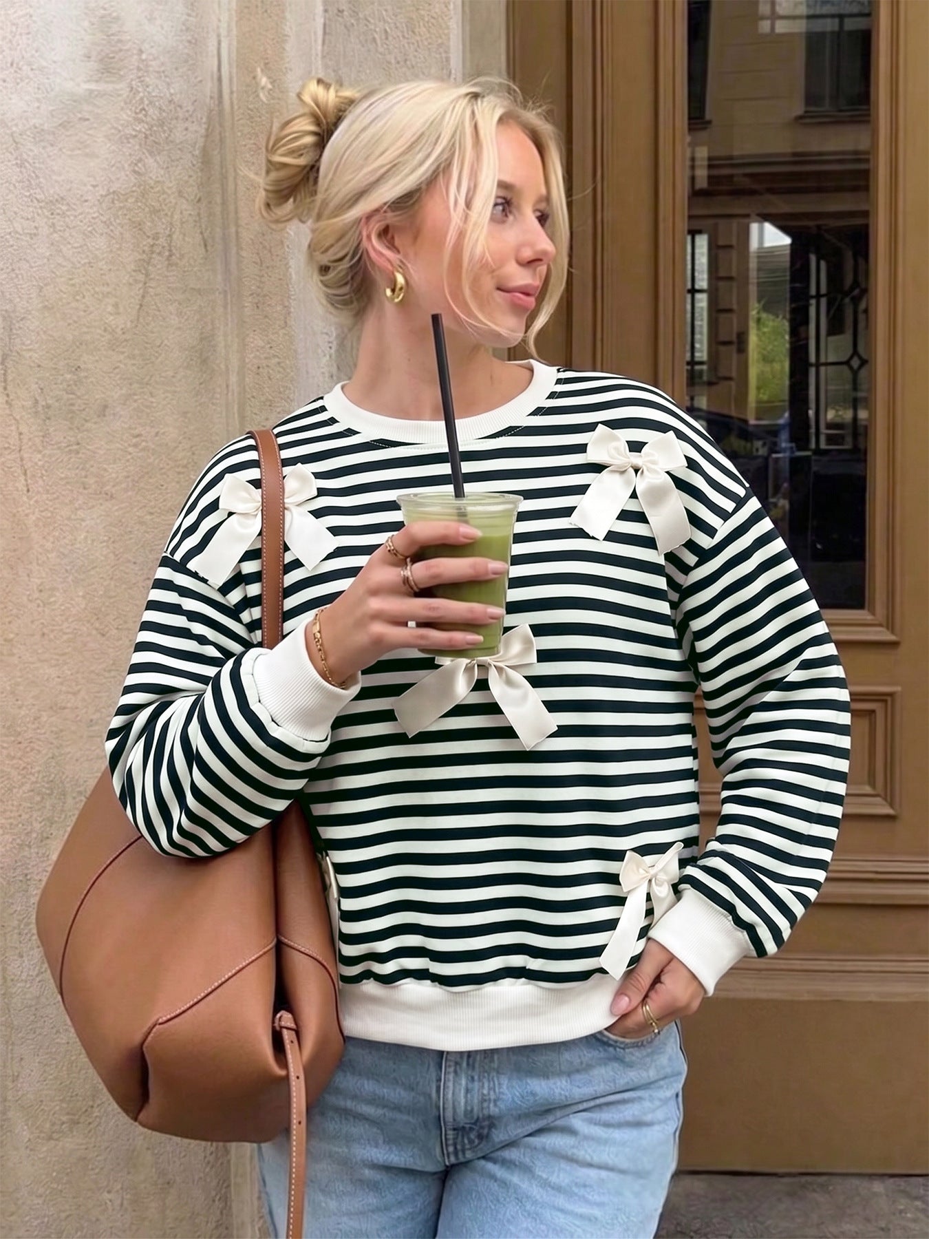 Striped Sweatshirt Terry Top Trendy Bow Detail Boutique Style