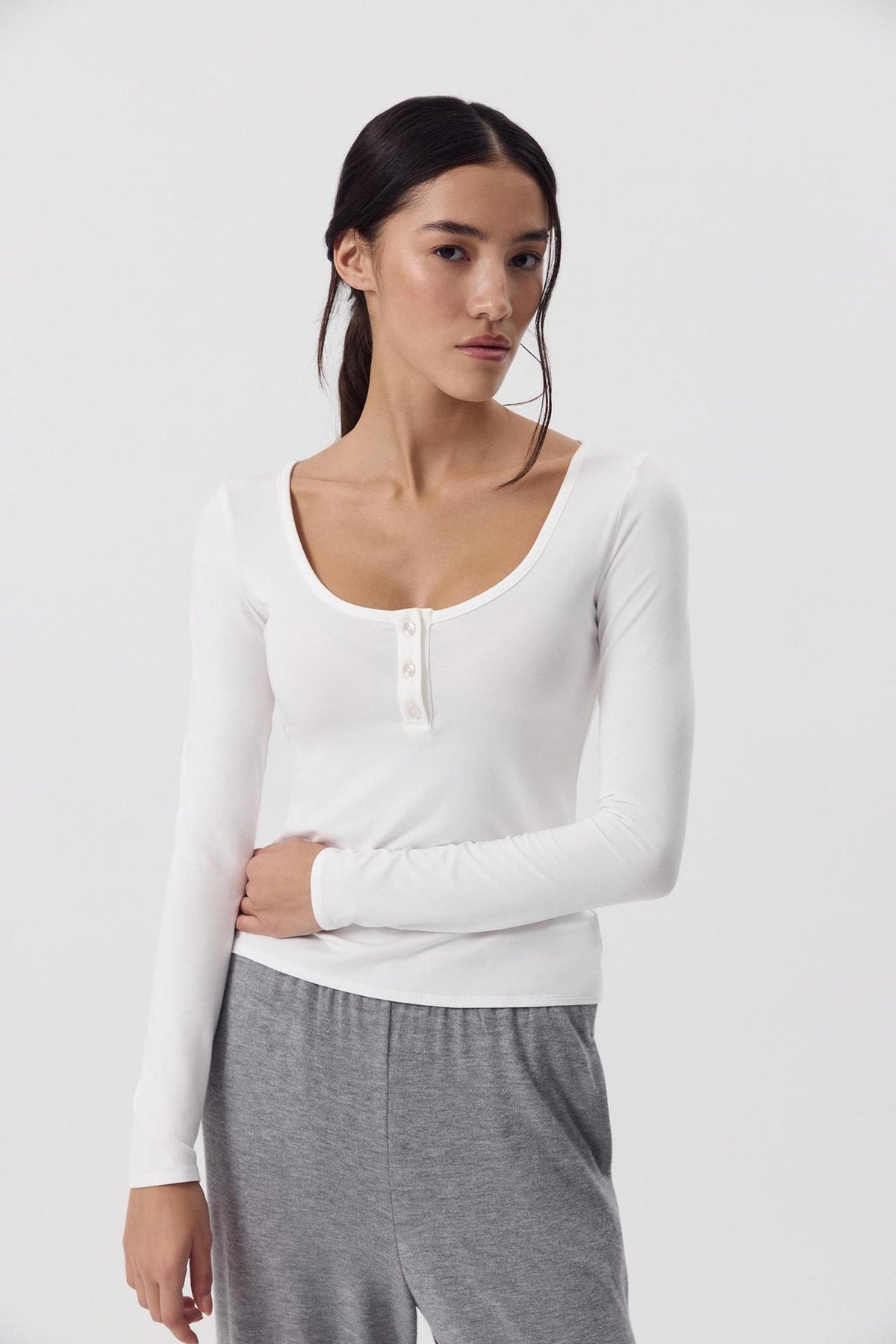 Women's Soft Modal Long Sleeve U-Neck Button Fitted Top