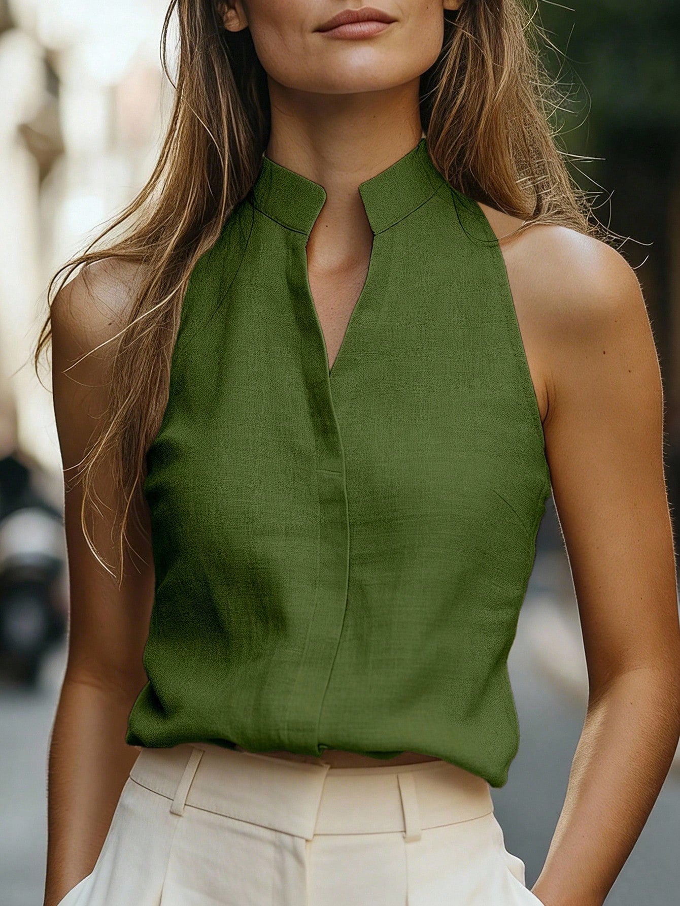 Solid Chiffon Blouse Boutique Draped V Neck Sleeveless Top