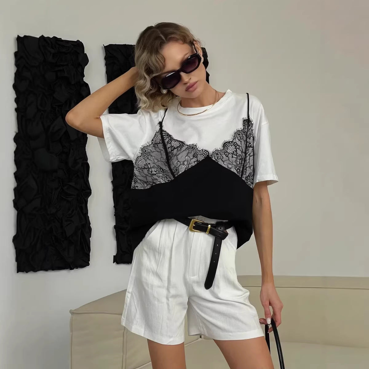 Lace Patchwork Cotton T Shirt Trendy Layered Loose Fit