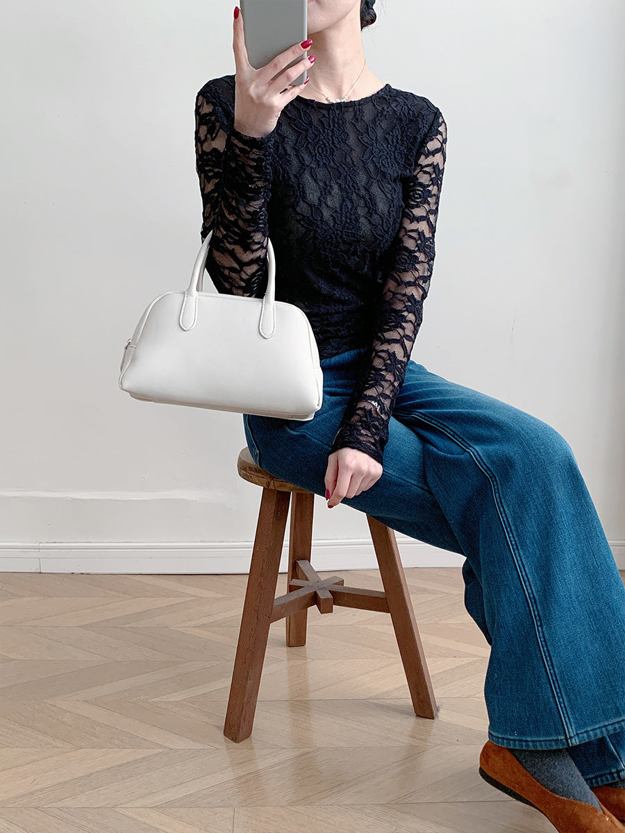 Women's Sheer Blouse Lace Long Sleeve Fitted U Neck Top