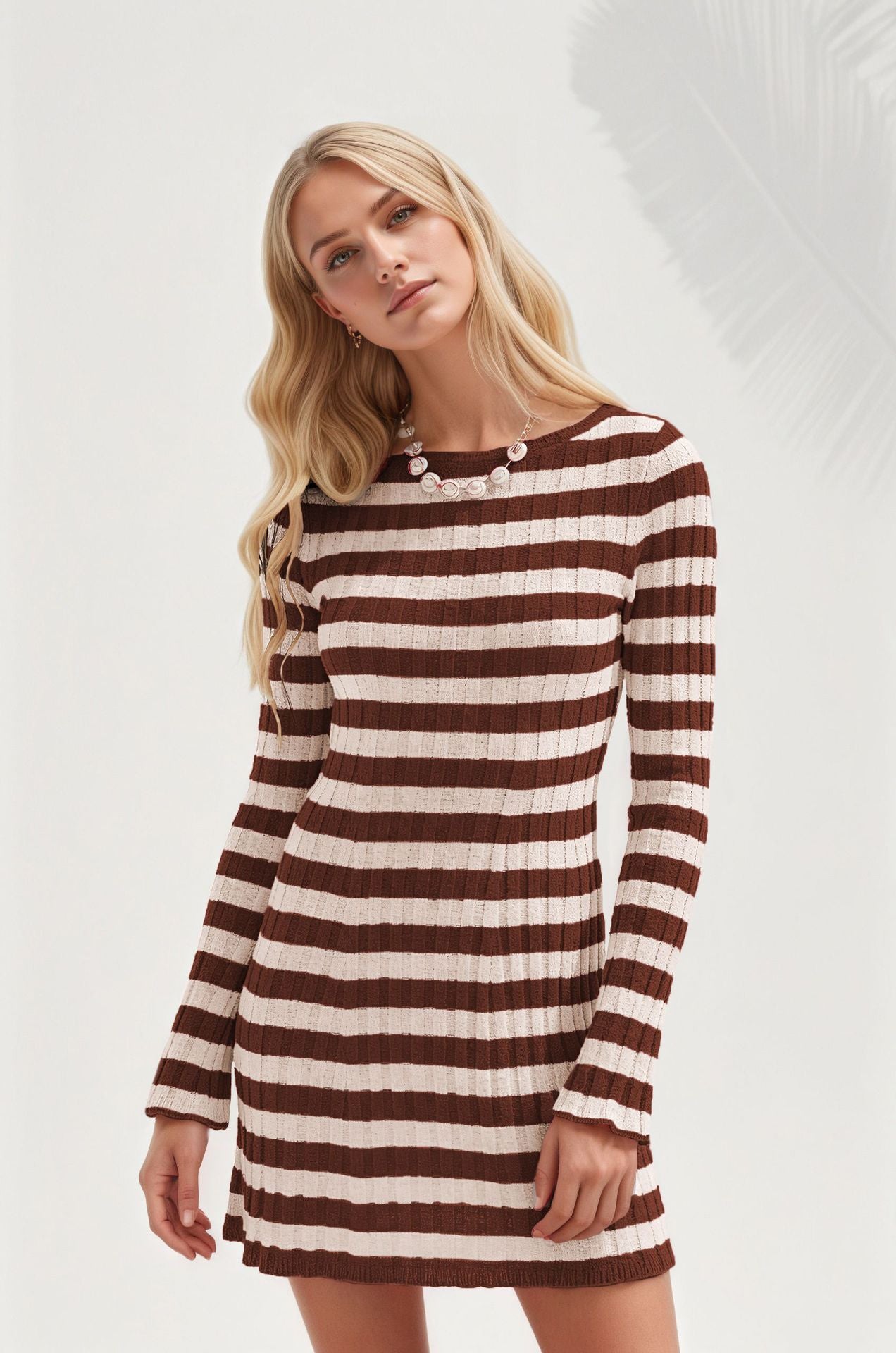 Striped Ribbed Knit Dress Mini Long Sleeve Trendy