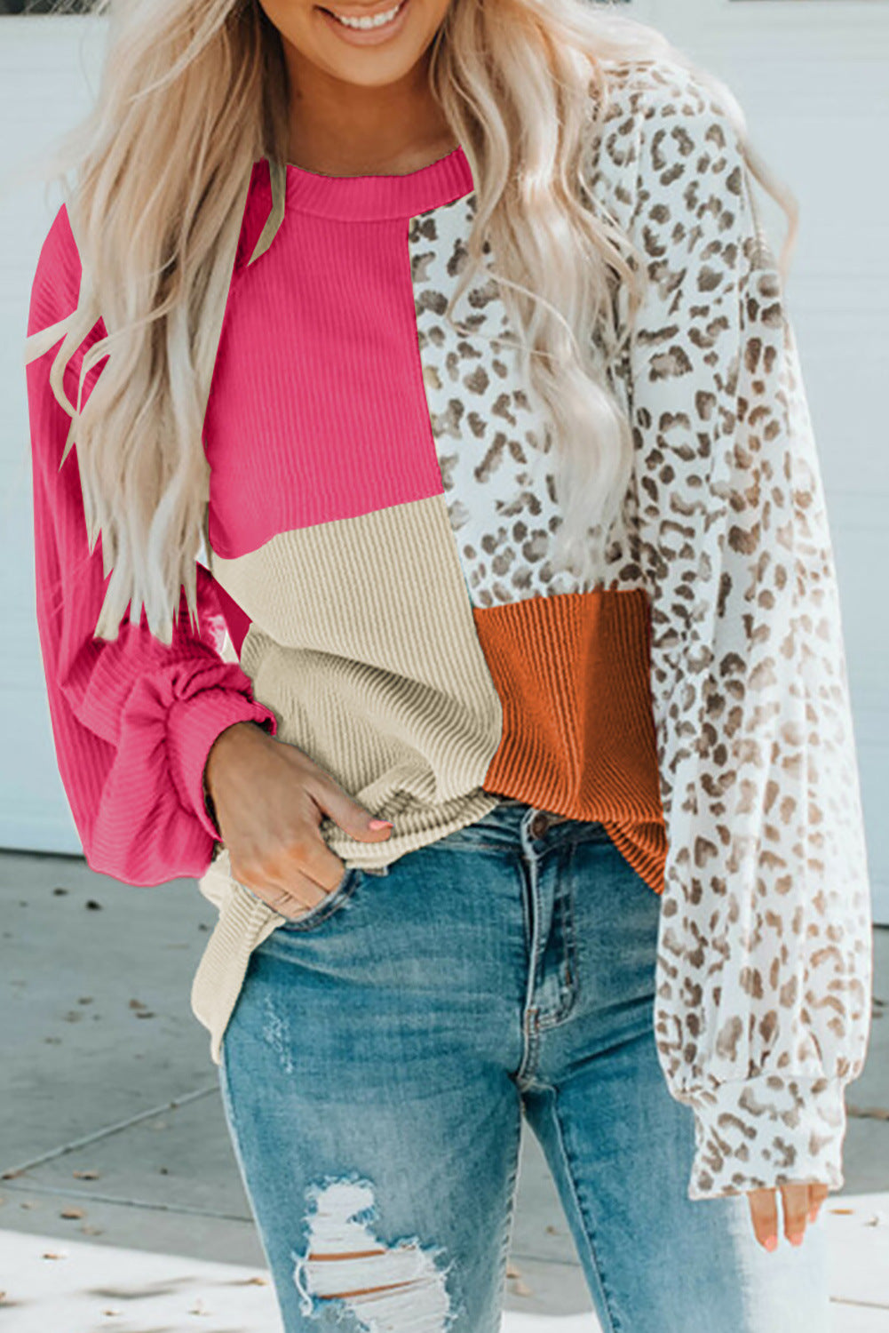 Women's Color Block Leopard Long Sleeve Knit Pullover