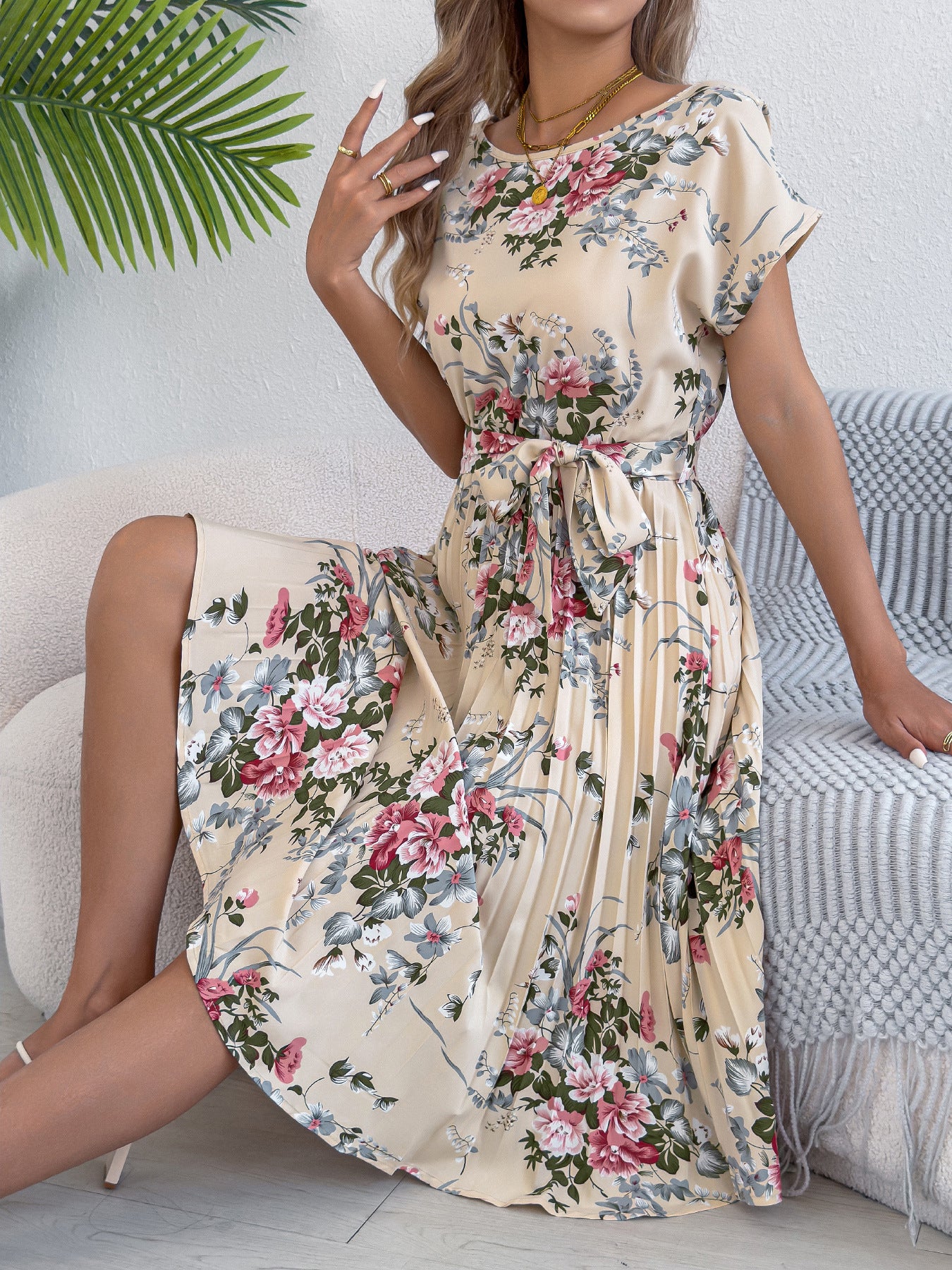 Navy Floral Pleated Midi Dress with Tie Waist Batwing Sleeves