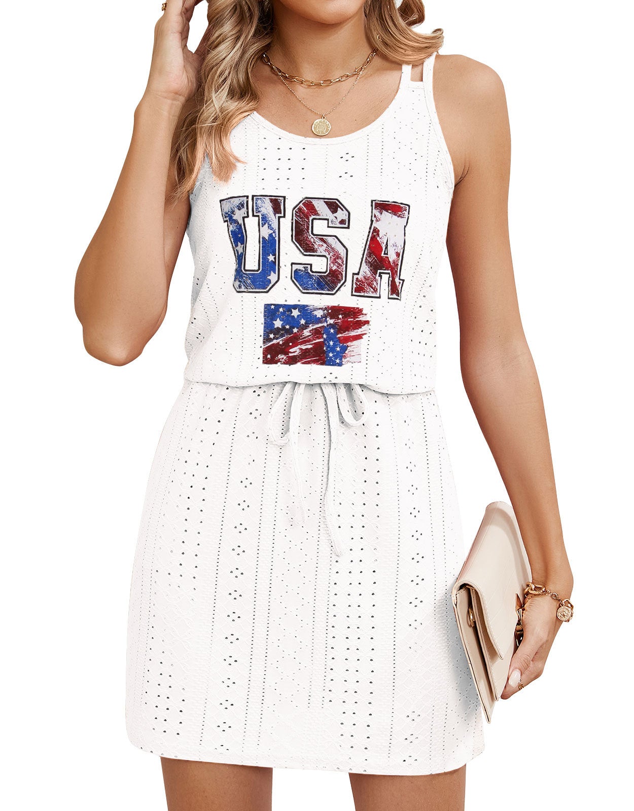 Eyelet Lace Sundress Resort Sleeveless Drawstring Waist