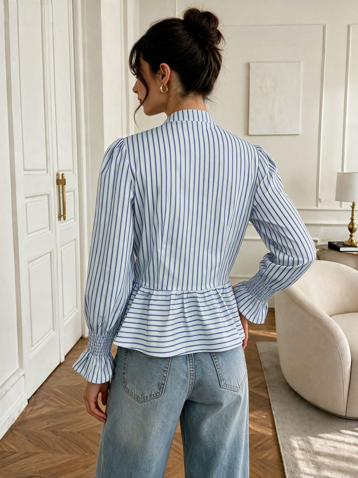 Blue Striped Mandarin Collar Frog Button Blouse