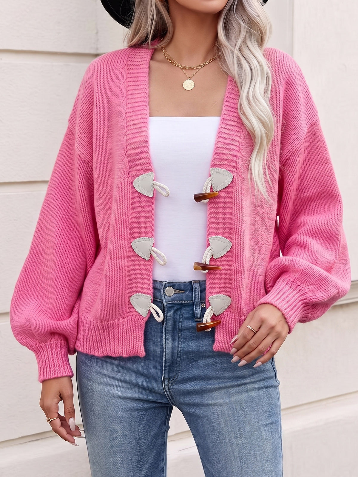 Women's Chunky Knit Cardigan Toggle Button Balloon Sleeve