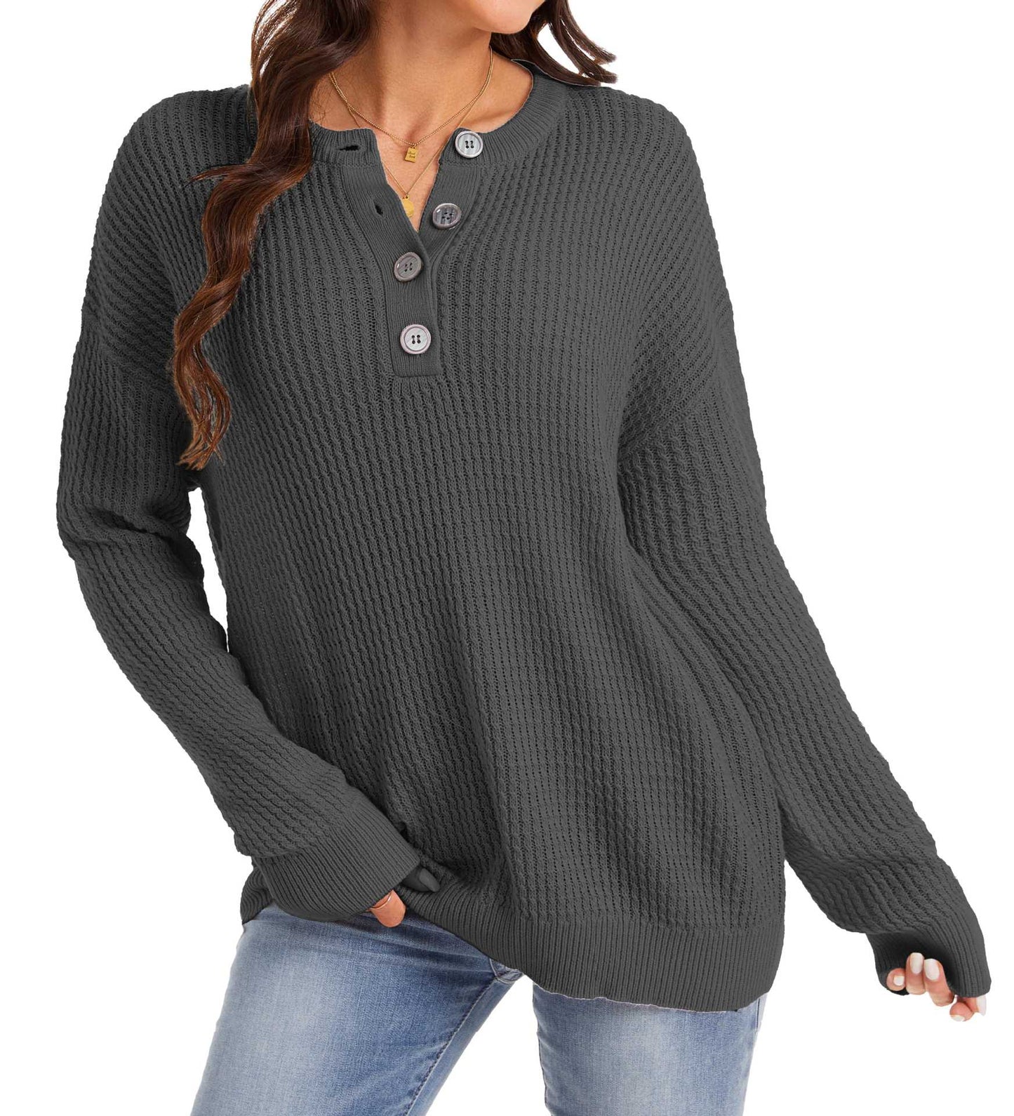 Henley Knit Sweater Button Front Relaxed Fit