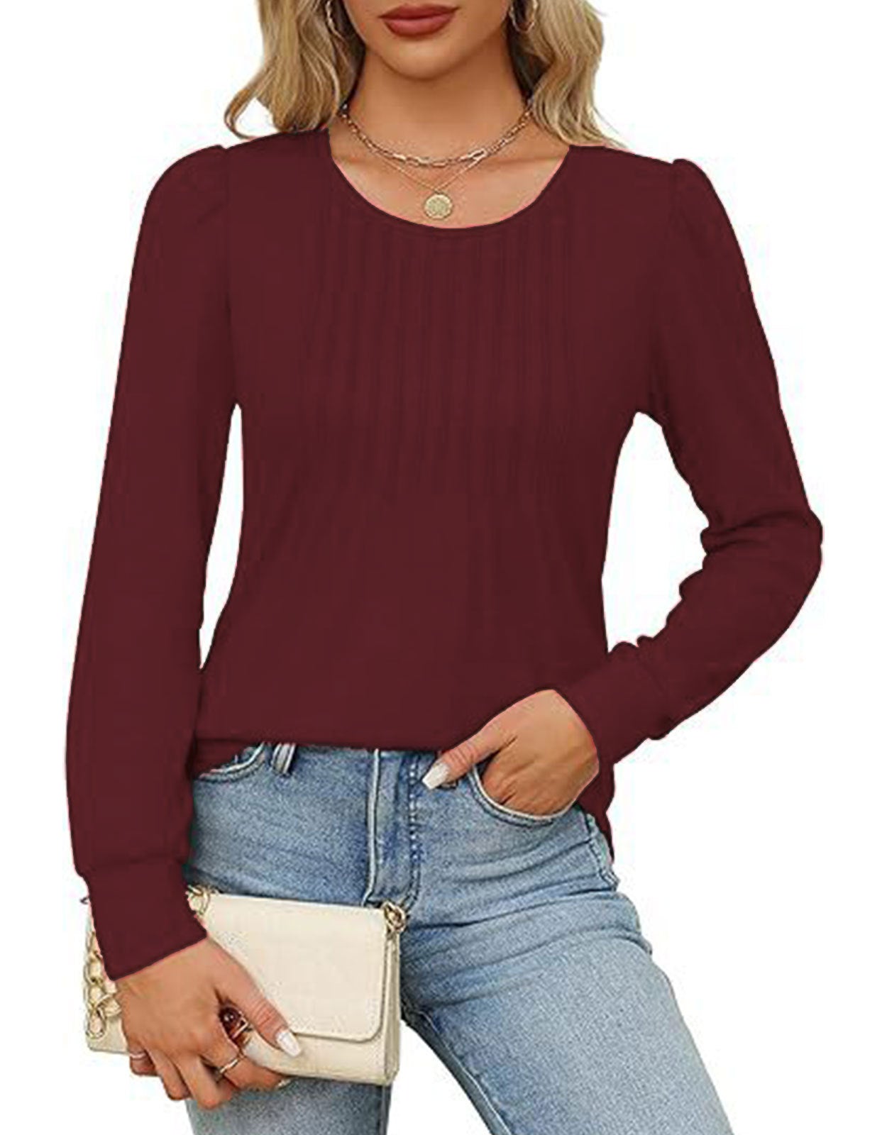 Solid Cotton Top Casual Pleated Puff Sleeve