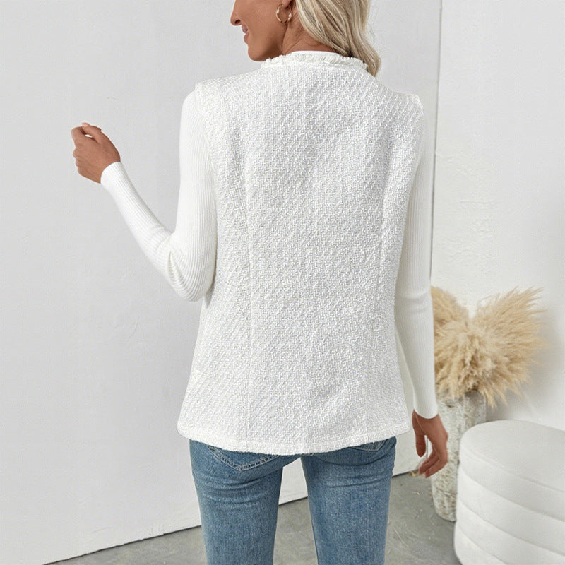 Elegant Tweed Vest Cardigan Women White Sleeveless Jacket