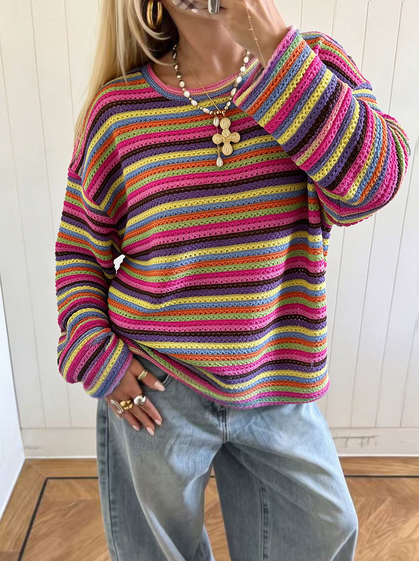 Women's Colorful Striped Knit Sweater Long Sleeve Casual