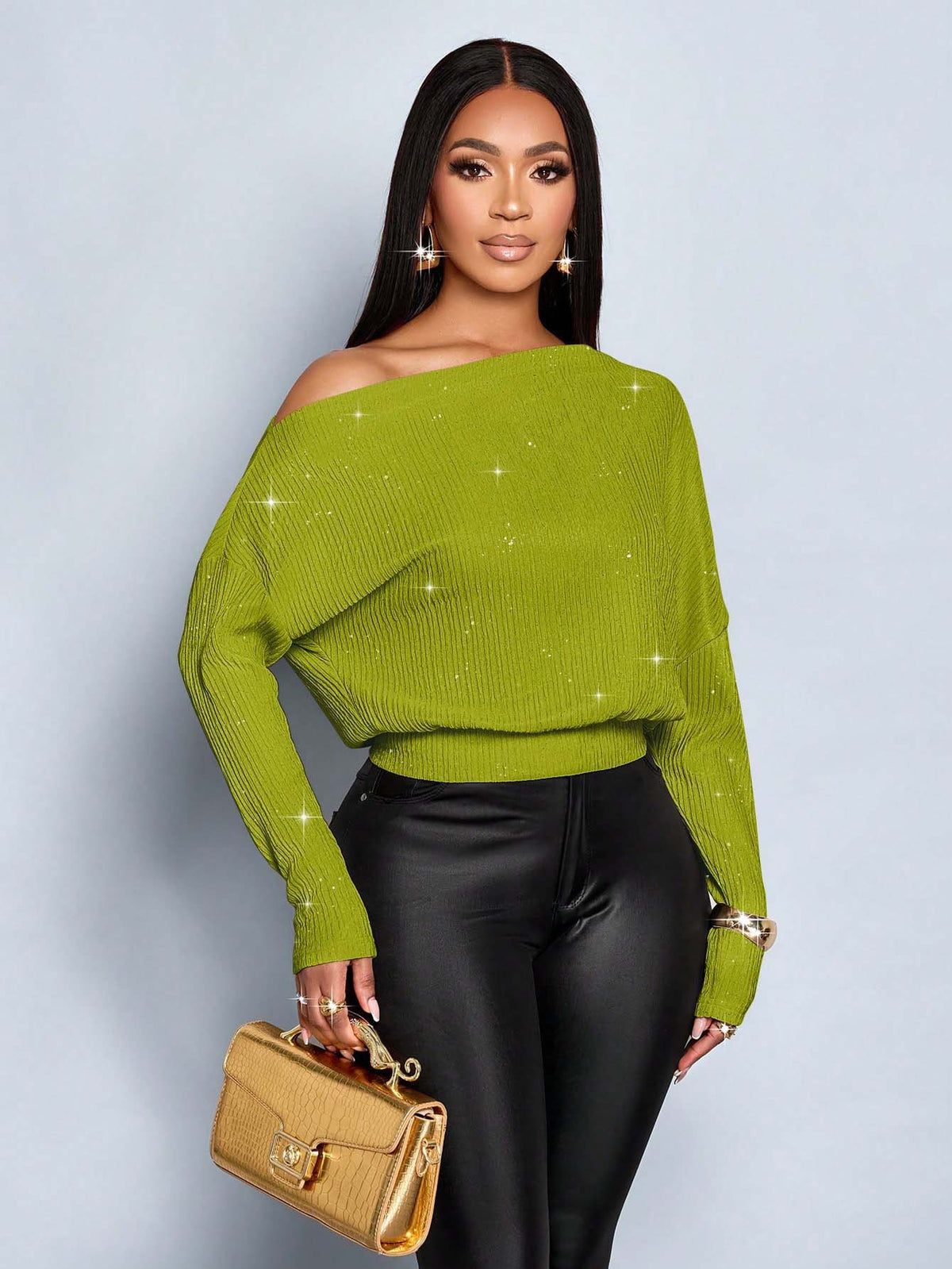 One Shoulder Glitter Batwing Sleeve Cinched Waist Knit Top