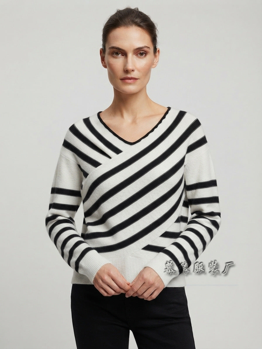 Women Striped Off Shoulder Sweater Asymmetric Knit Top