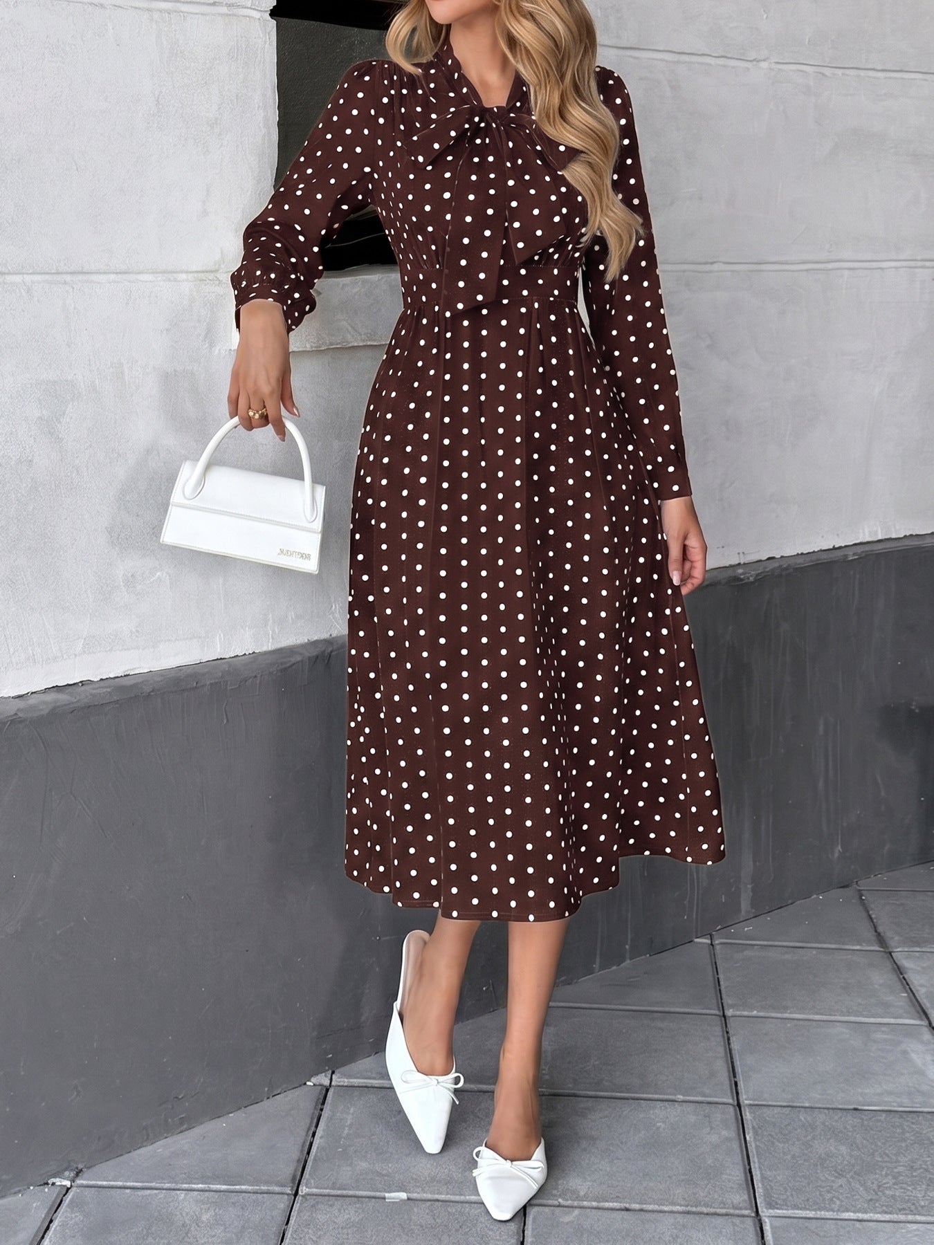 Polka Dot Bow Tie Neck Dress Long Sleeve Vintage Midi