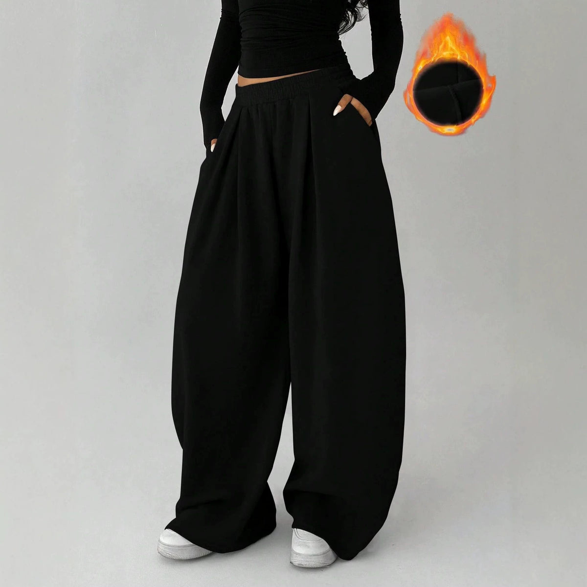 Women's Fleece Lined Baggy Wide Leg Sweatpants Pockets