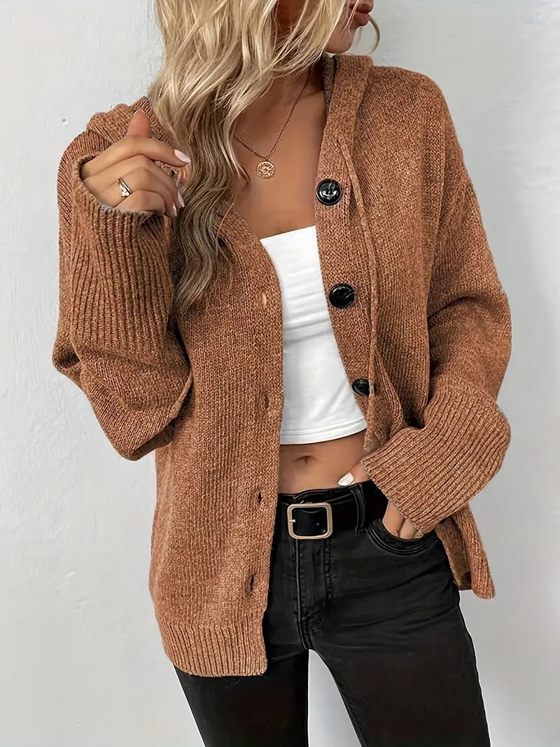 Solid Hooded Knit Cardigan Button Front Relaxed Fit