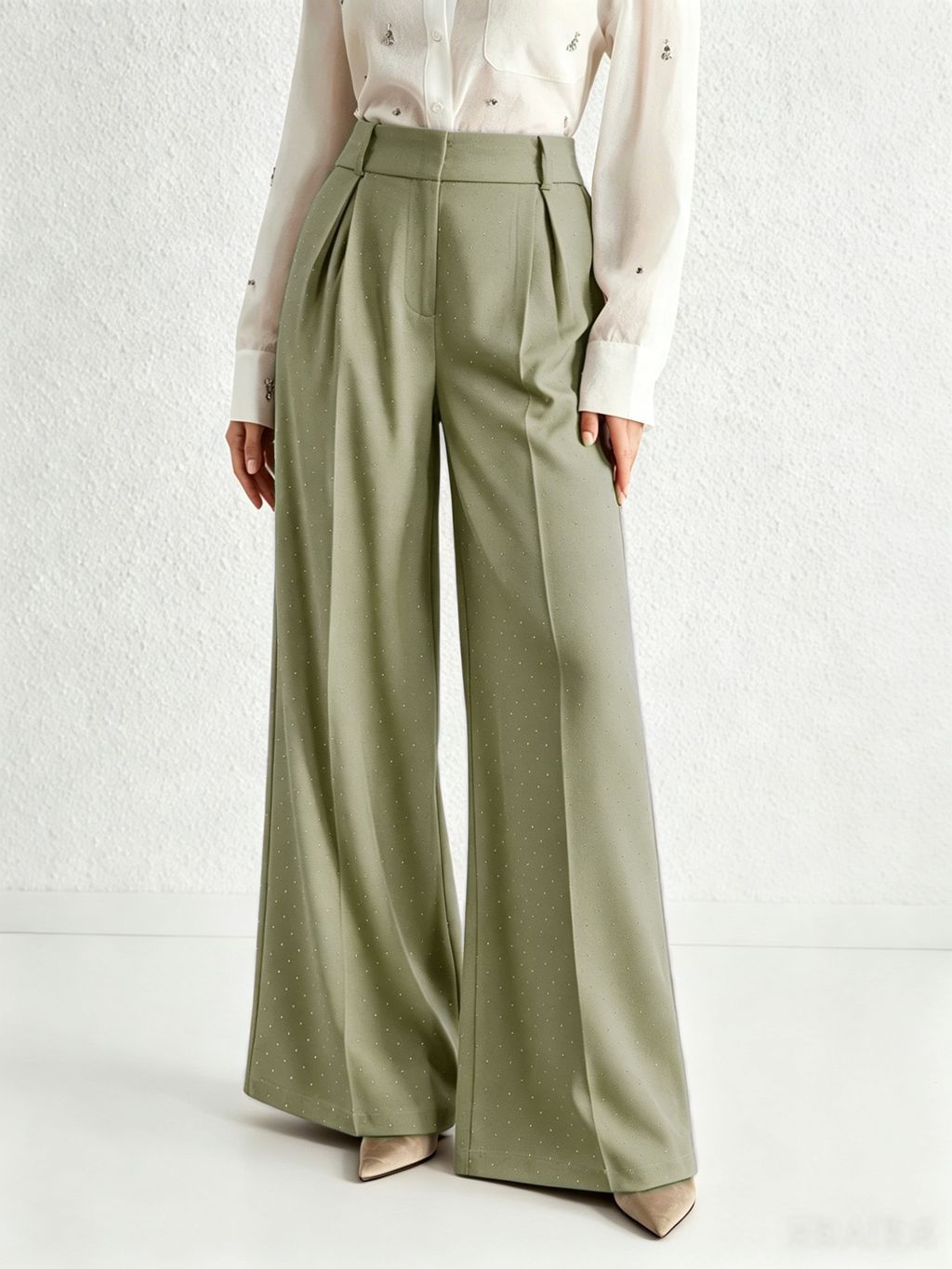 Rhinestone High Waist Pleated Wide Leg Dress Pants