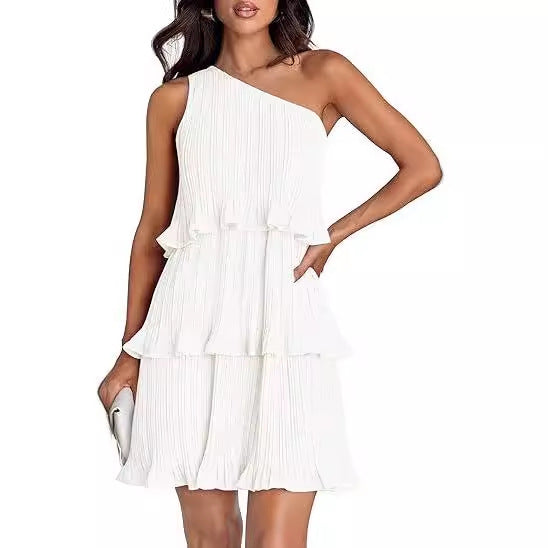 One Shoulder Tiered Pleated Ruffle Mini Dress for Summer