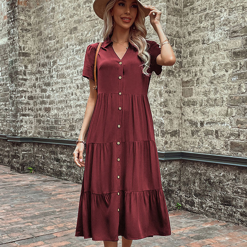 Women's  Button Front Tiered Midi Shirt Dress Casual Summer Dress