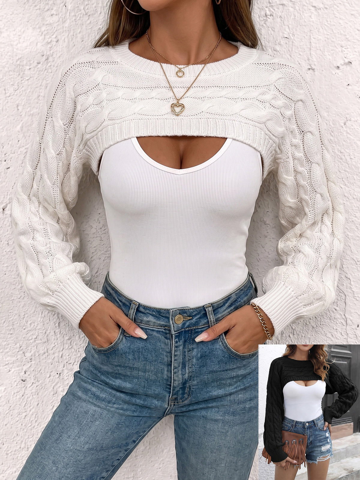 Cable Knit Cropped Shrug Sweater Long Sleeve Bolero