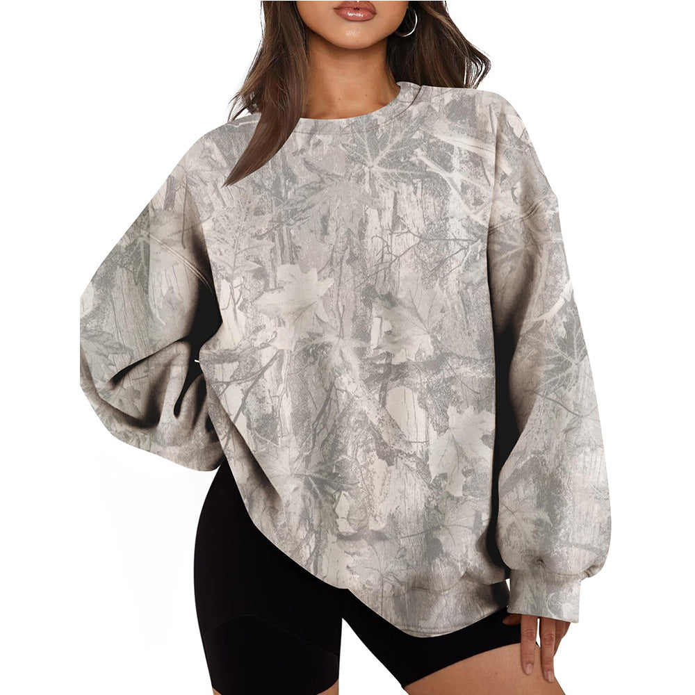Camo Leaf Print Pullover Sweatshirt Women Oversized Casual Top