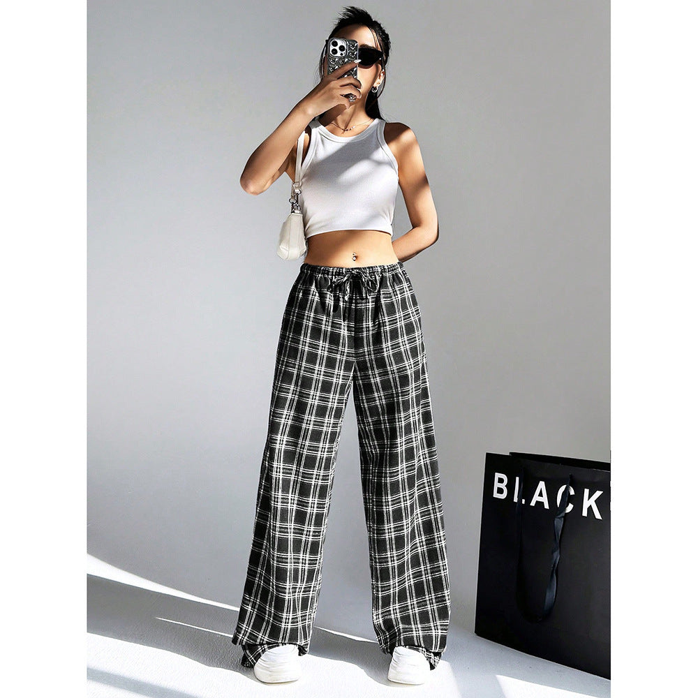 Gingham Check Wide Leg Casual Pants