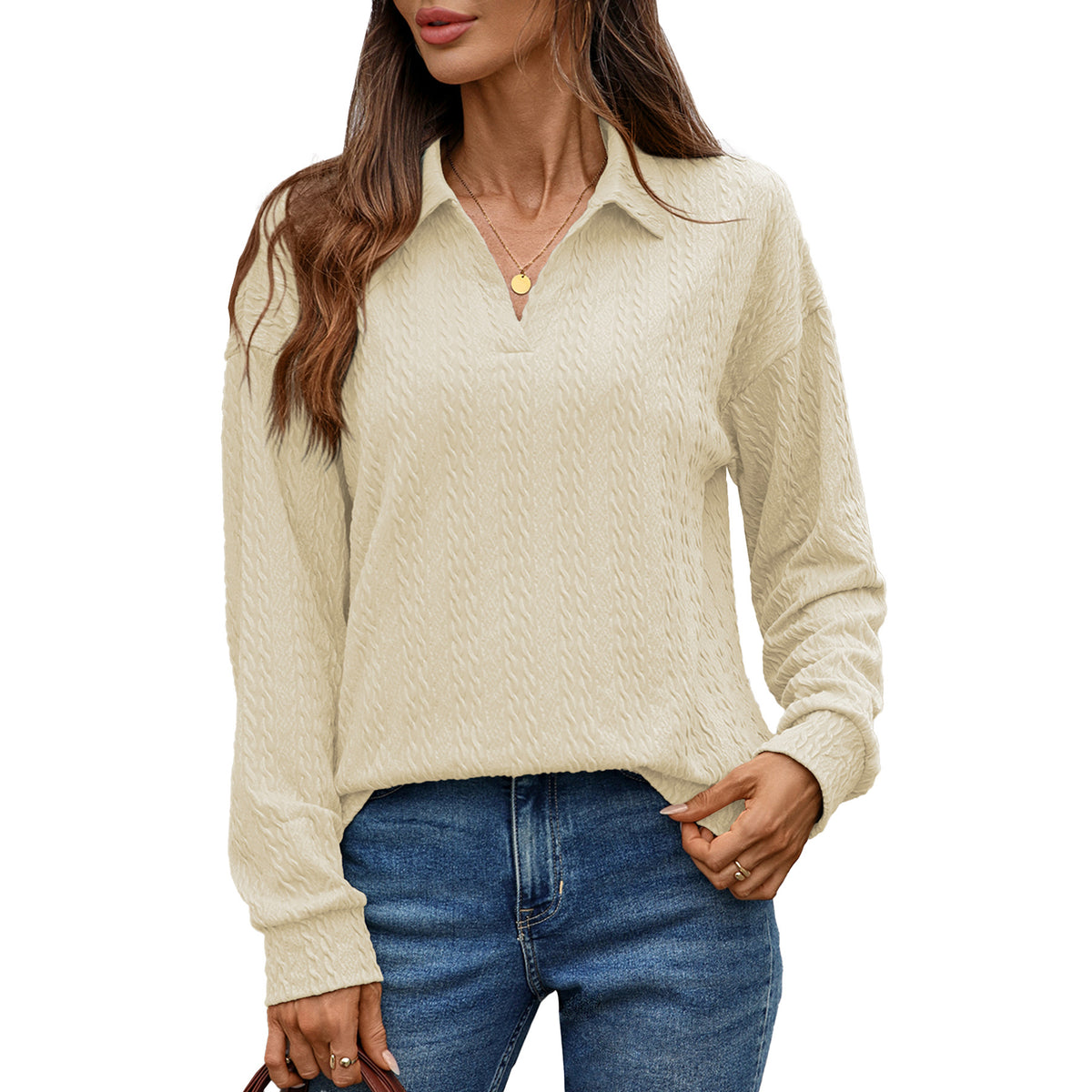 Women's Collared Long Sleeve Solid Pullover Top