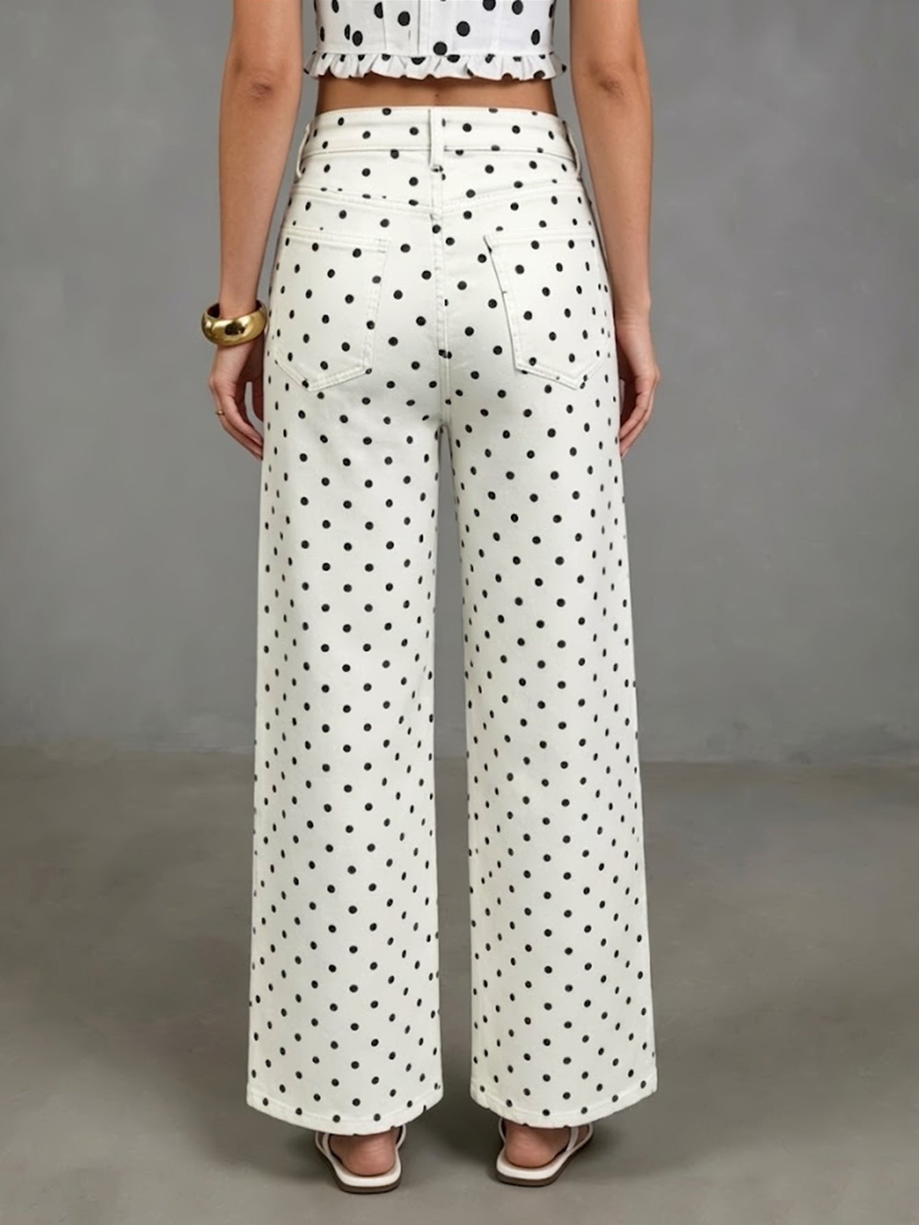 Polka Dot Denim Jeans Vintage High Waist Wide Leg