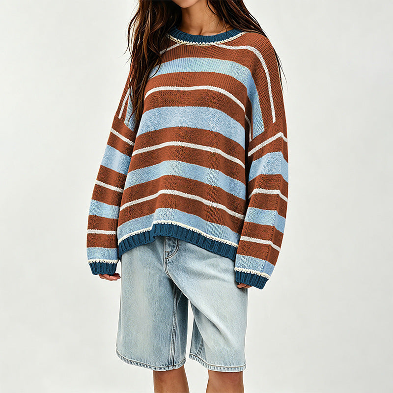 Women's Oversized Striped Crew Neck Knit Sweater
