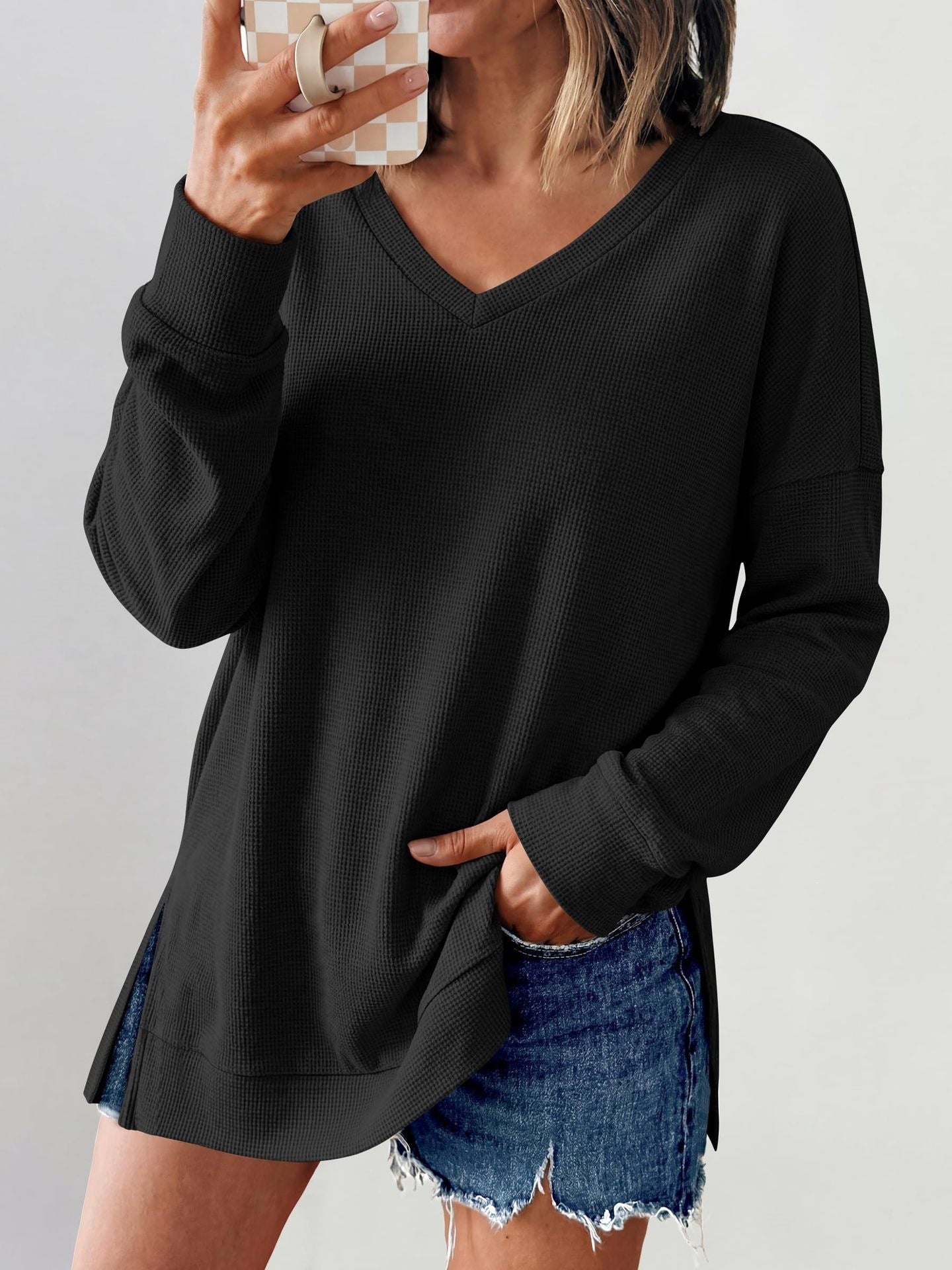 Waffle Knit V Neck Top Relaxed Long Sleeve