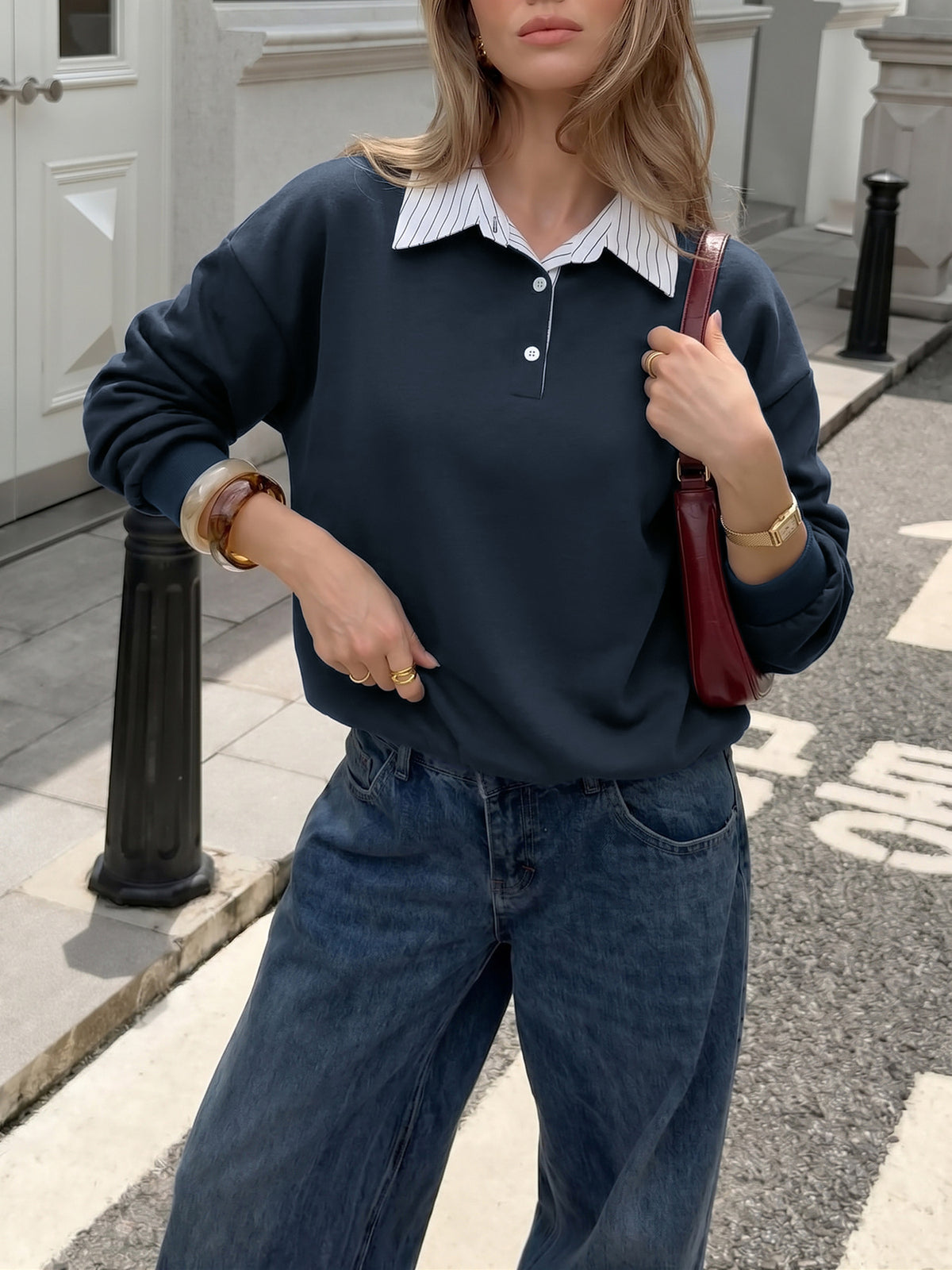 Women's Oversized Preppy Layered Striped Collar Sweatshirt